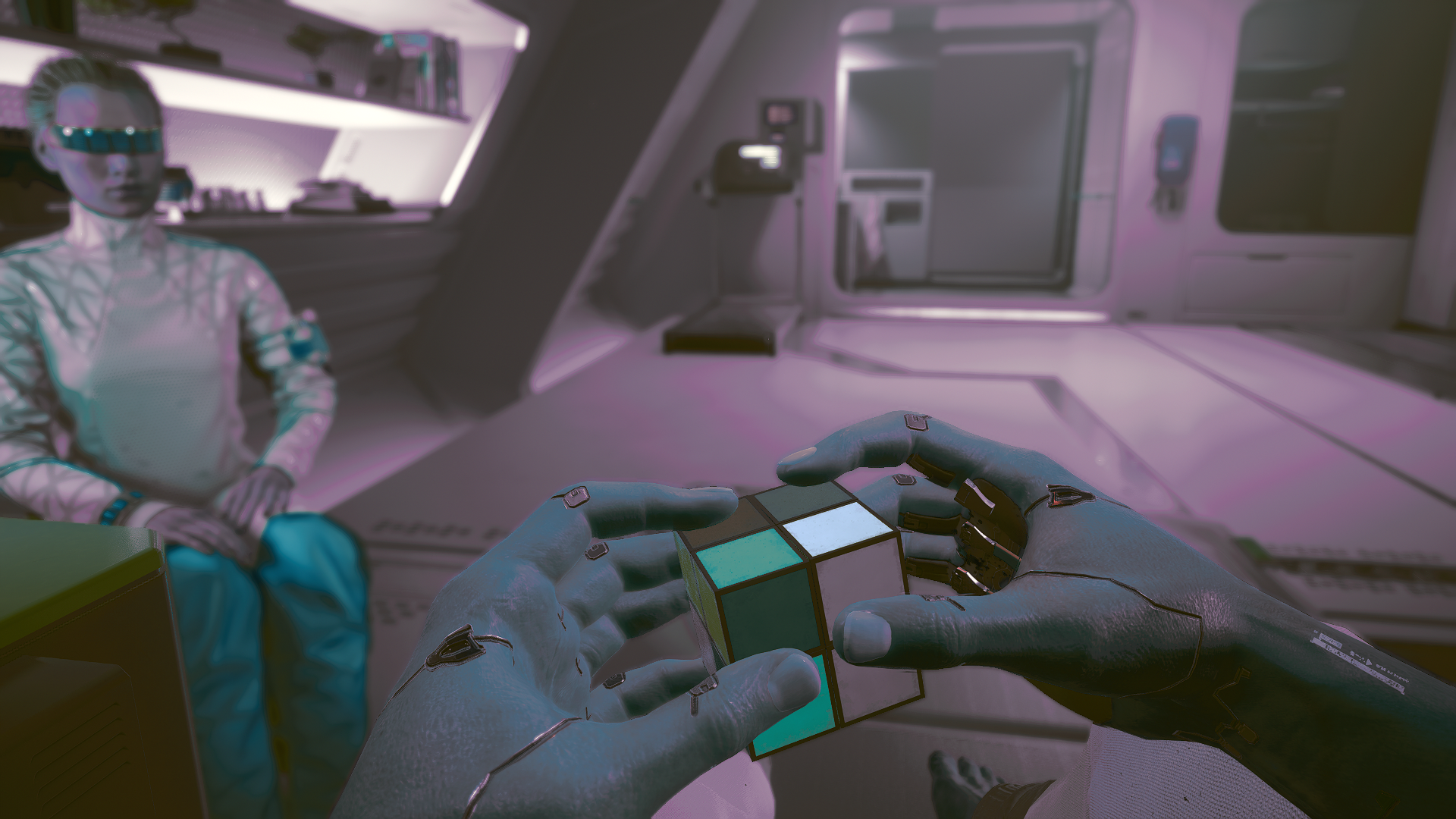 Cyberpunk 2077: Character solving a puzzle cube HD Wallpaper