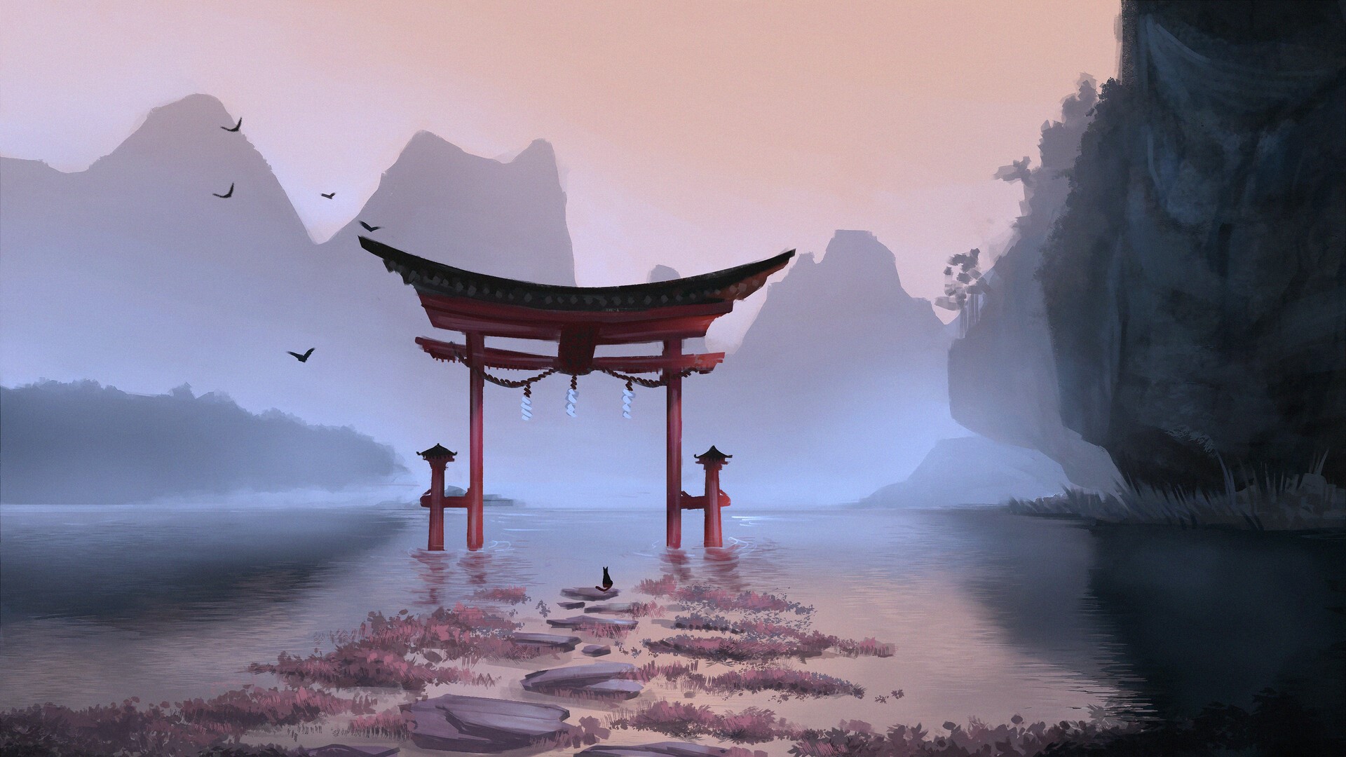 Torii gate in a misty lake with a cat HD Wallpaper