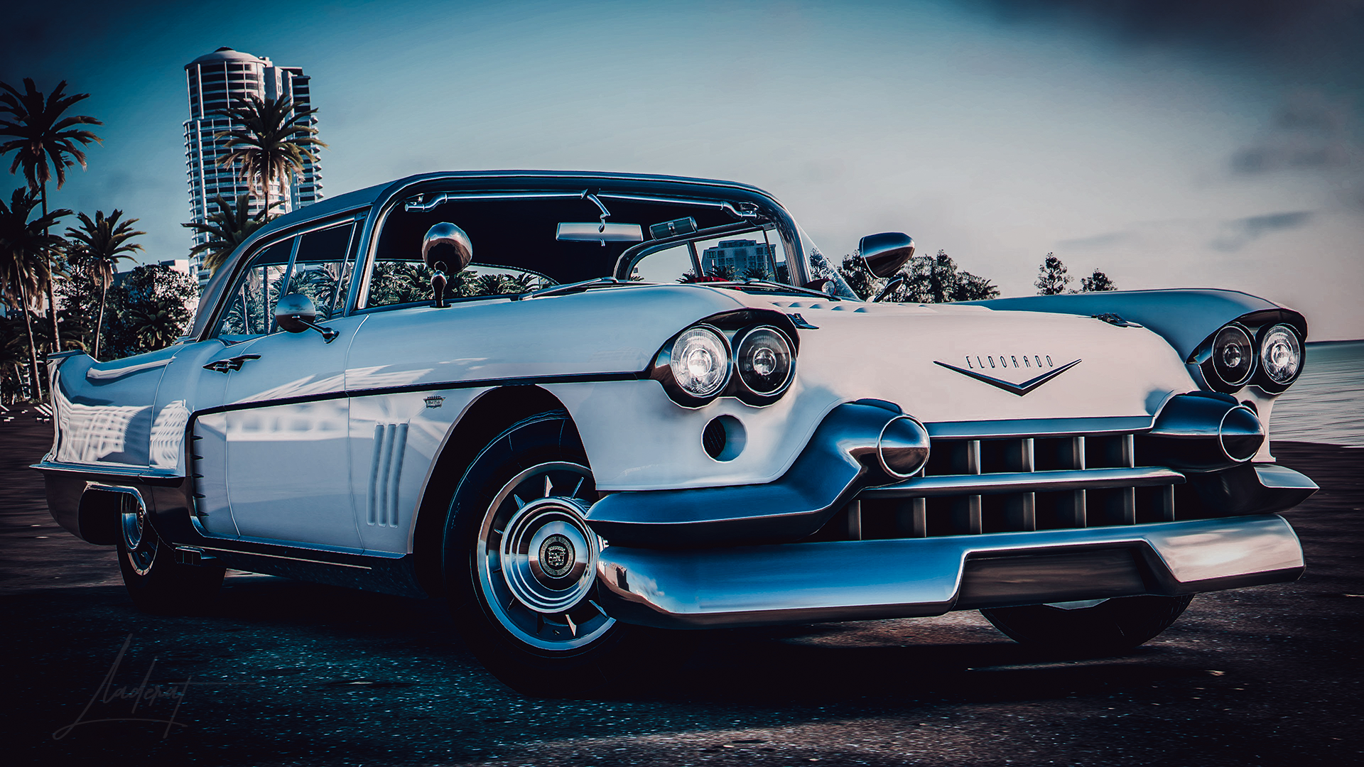 White Cadillac Eldorado classic car HD Wallpaper