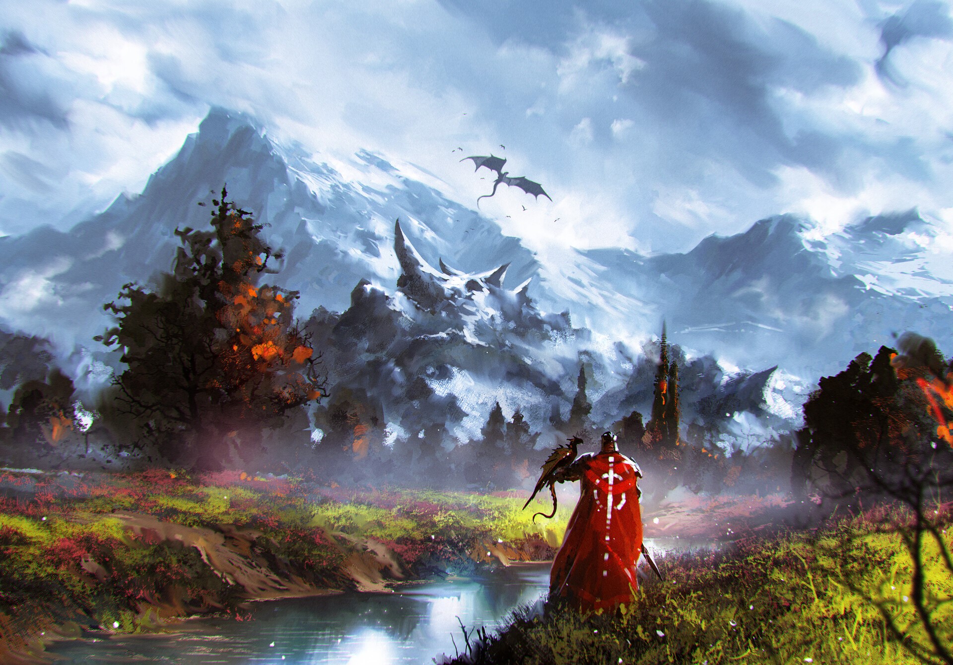 Knight with dragon in front of snowy mountains HD Wallpaper