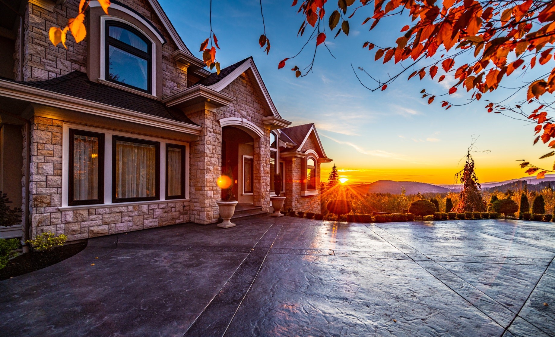 House with autumn leaves during sunset HD Wallpaper