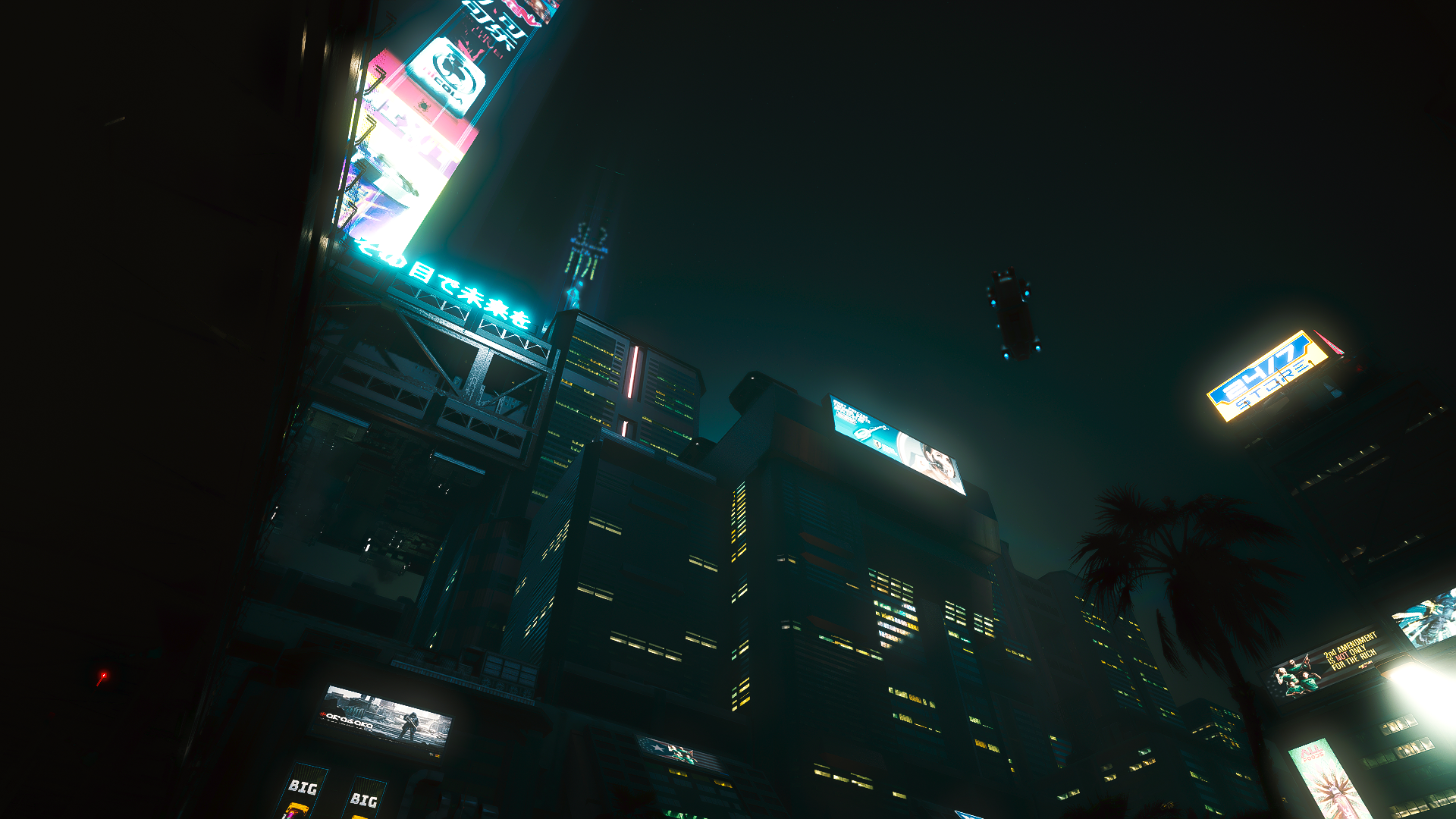 Cyberpunk 2077 Night Cityscape with Flying Vehicle HD Wallpaper