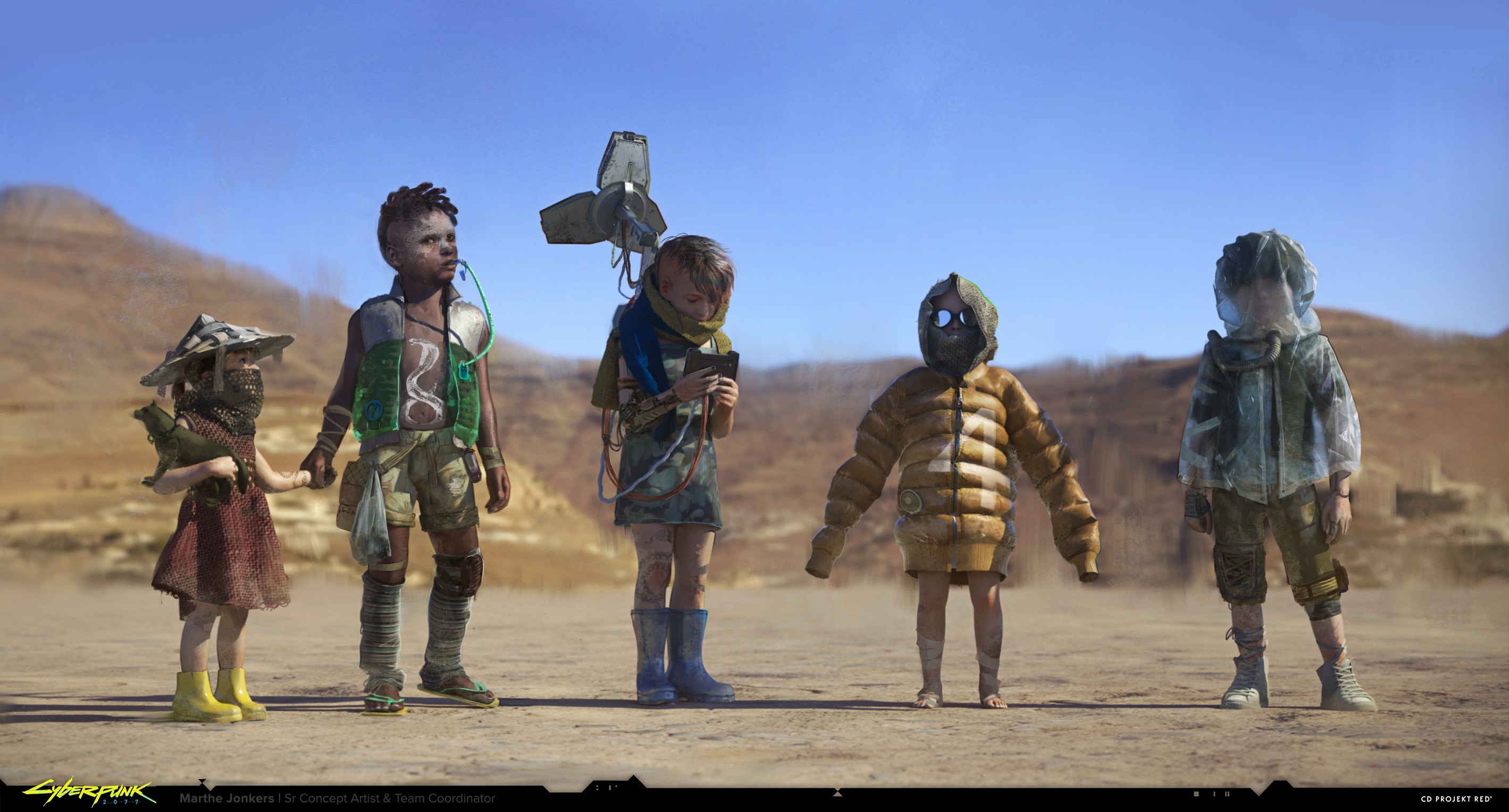 Children in a desert landscape from Cyberpunk 2077 HD Wallpaper