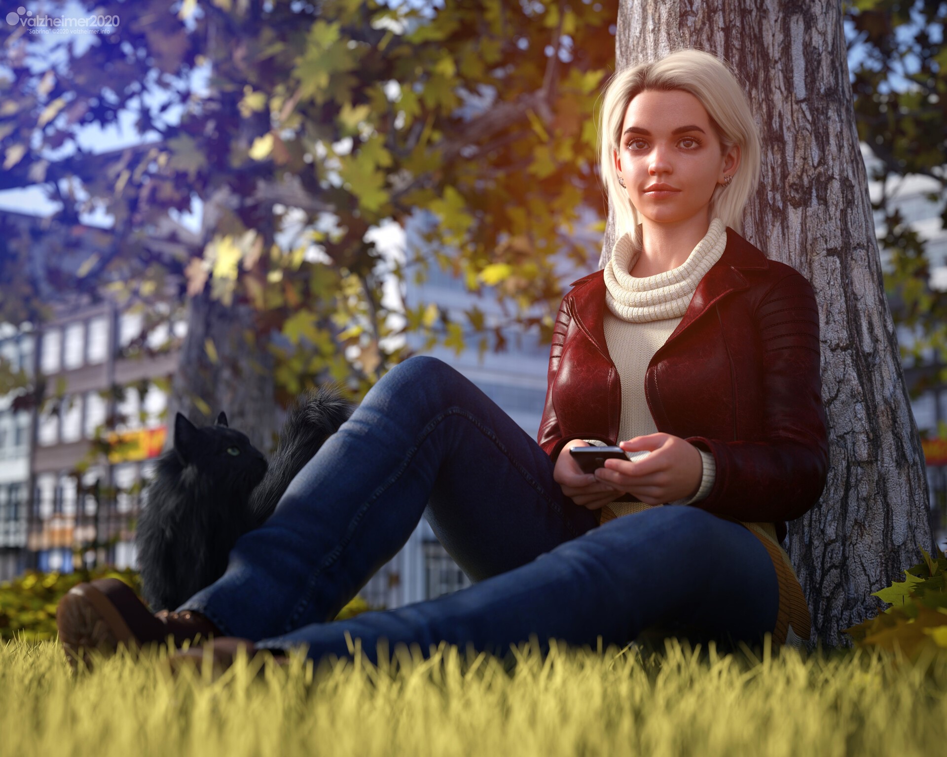 Woman and black cat sitting by a tree HD Wallpaper