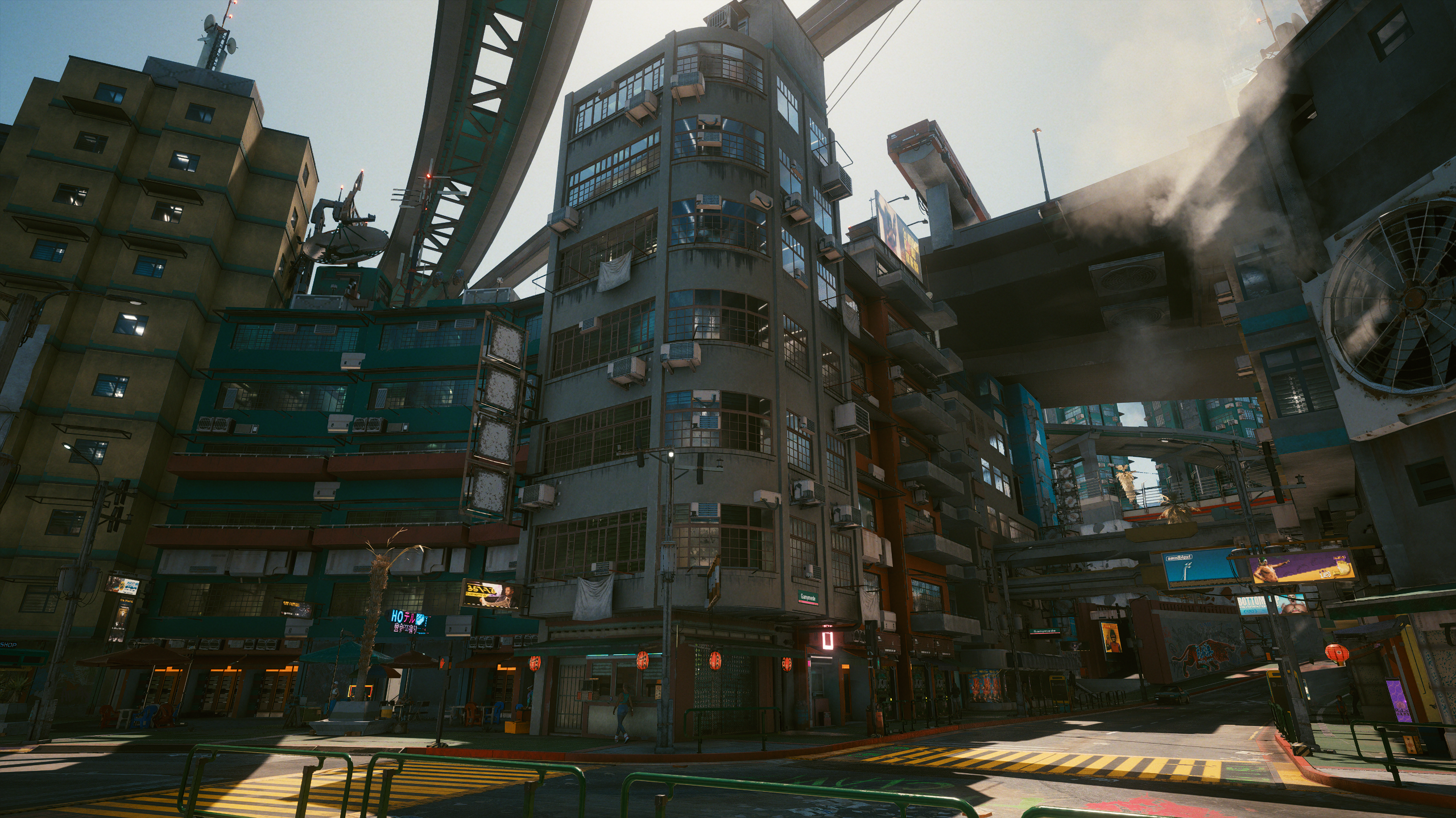 Cyberpunk 2077 cityscape with elevated train tracks HD Wallpaper