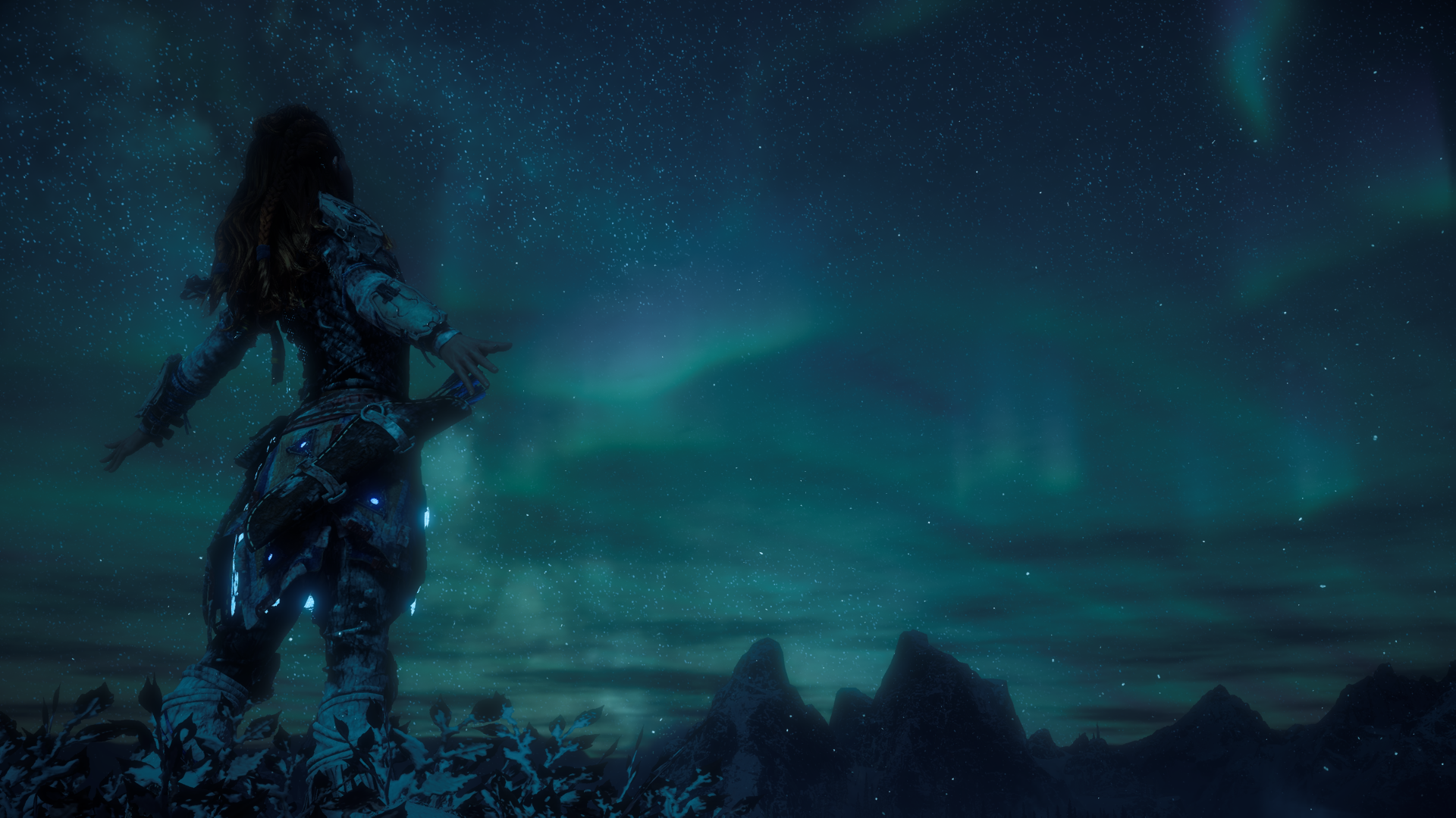 Aloy from Horizon Zero Dawn under the aurora HD Wallpaper