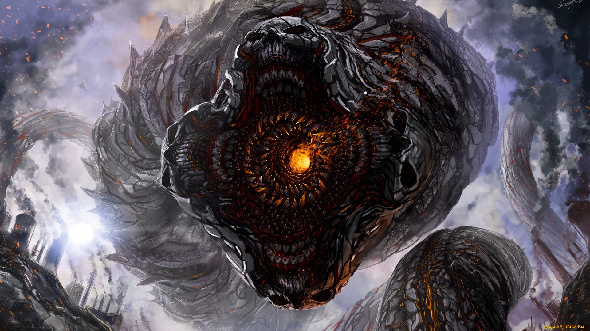 Giant monstrous creature with a skull-like face and glowing eye HD Wallpaper
