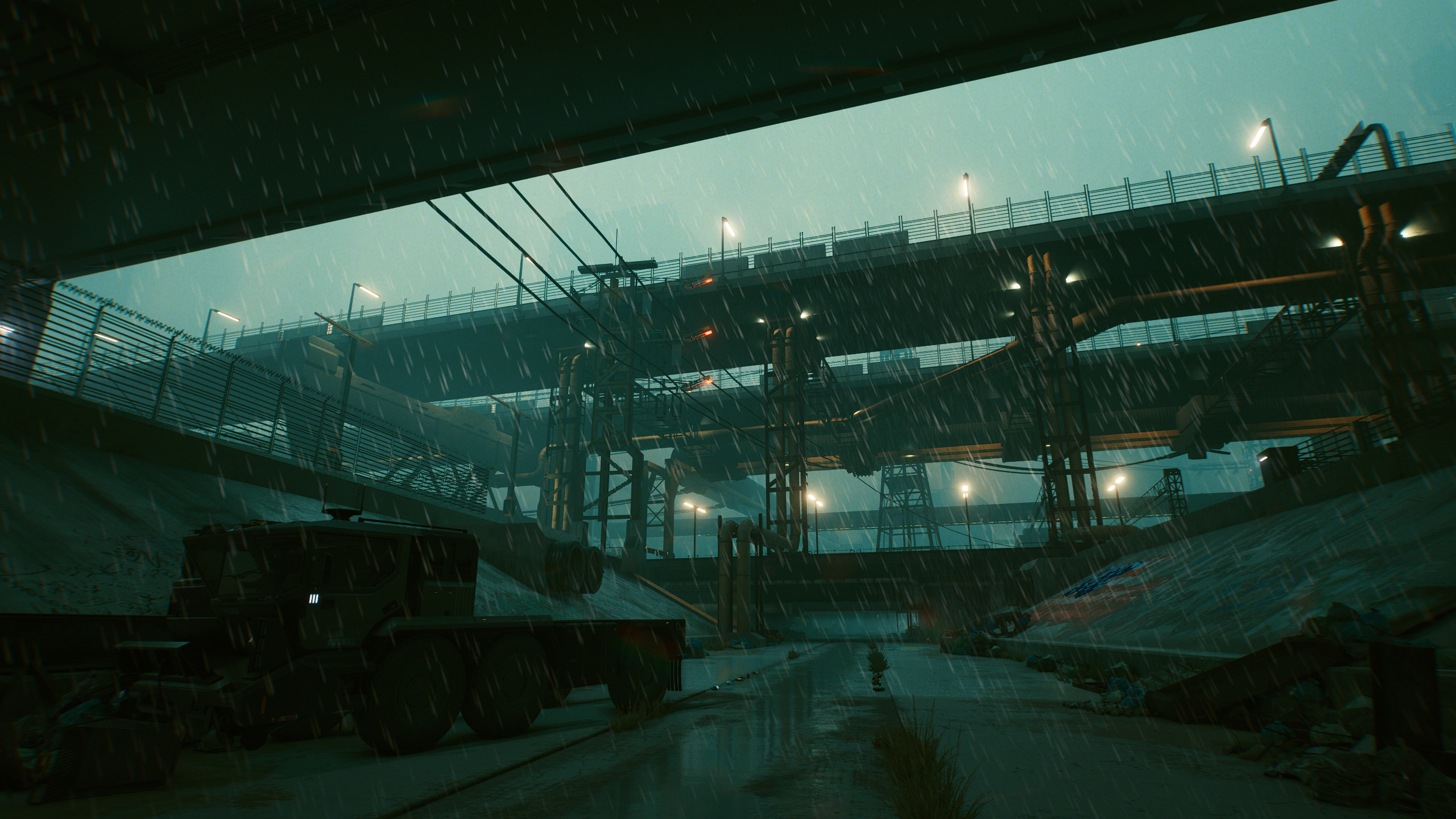 Cyberpunk 2077 screenshot of a rainy industrial area HD Wallpaper