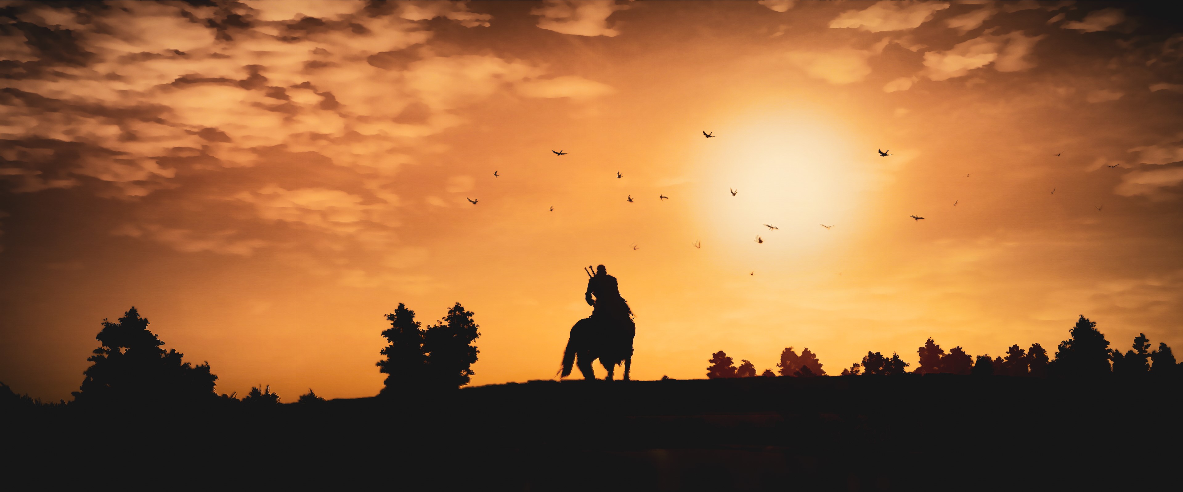 Geralt on horseback at sunset in The Witcher 3 HD Wallpaper