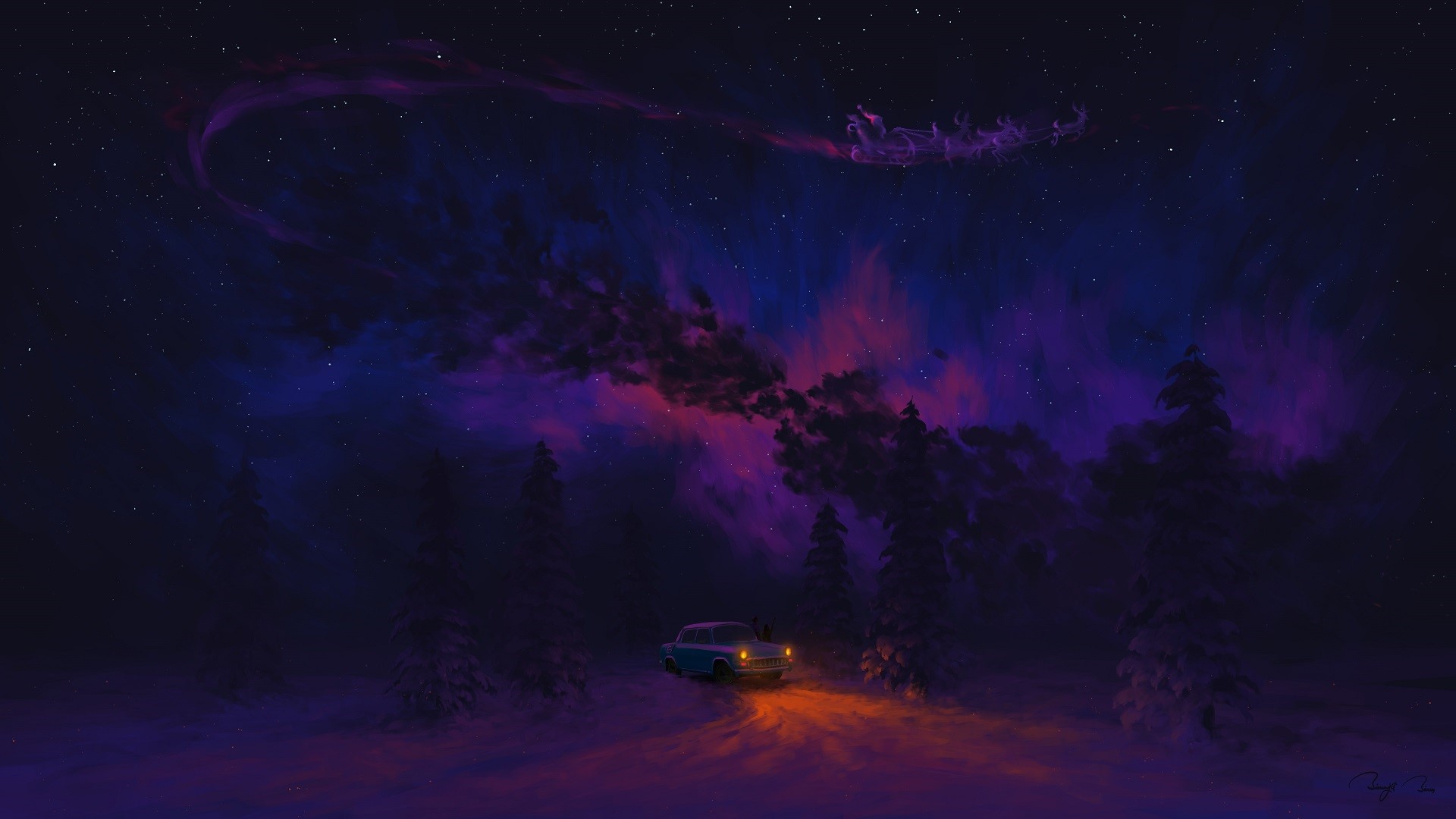 Santa Claus in a sleigh flying over a car in a snowy forest at night HD Wallpaper