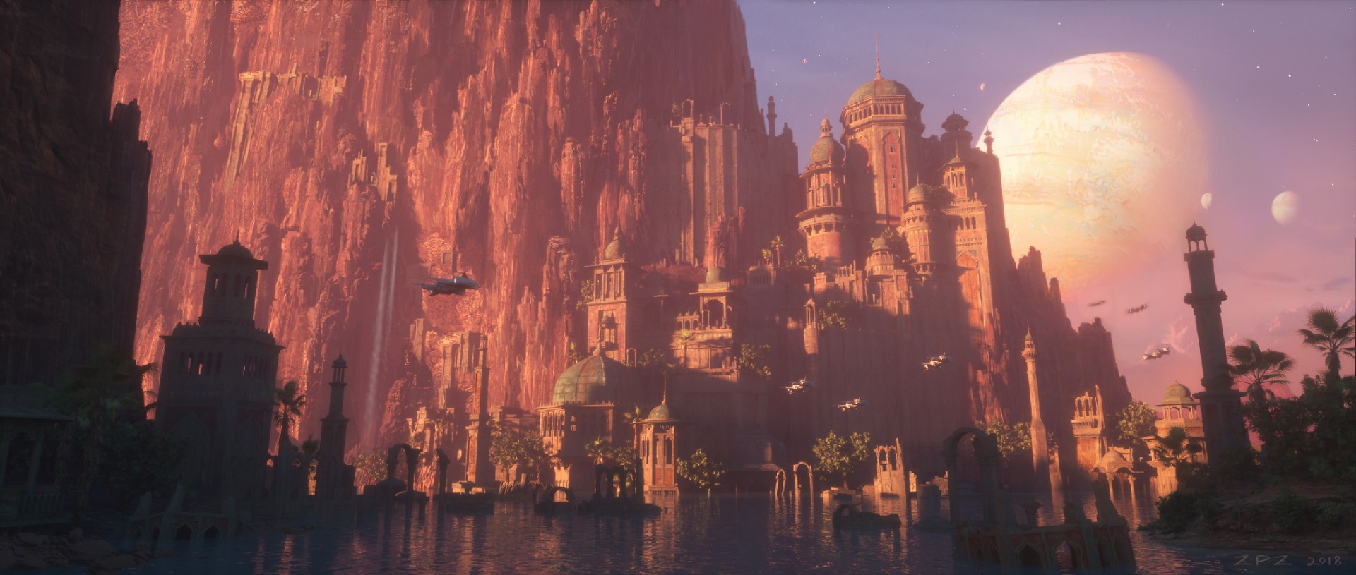 Futuristic city on a lake with mountains and planets HD Wallpaper