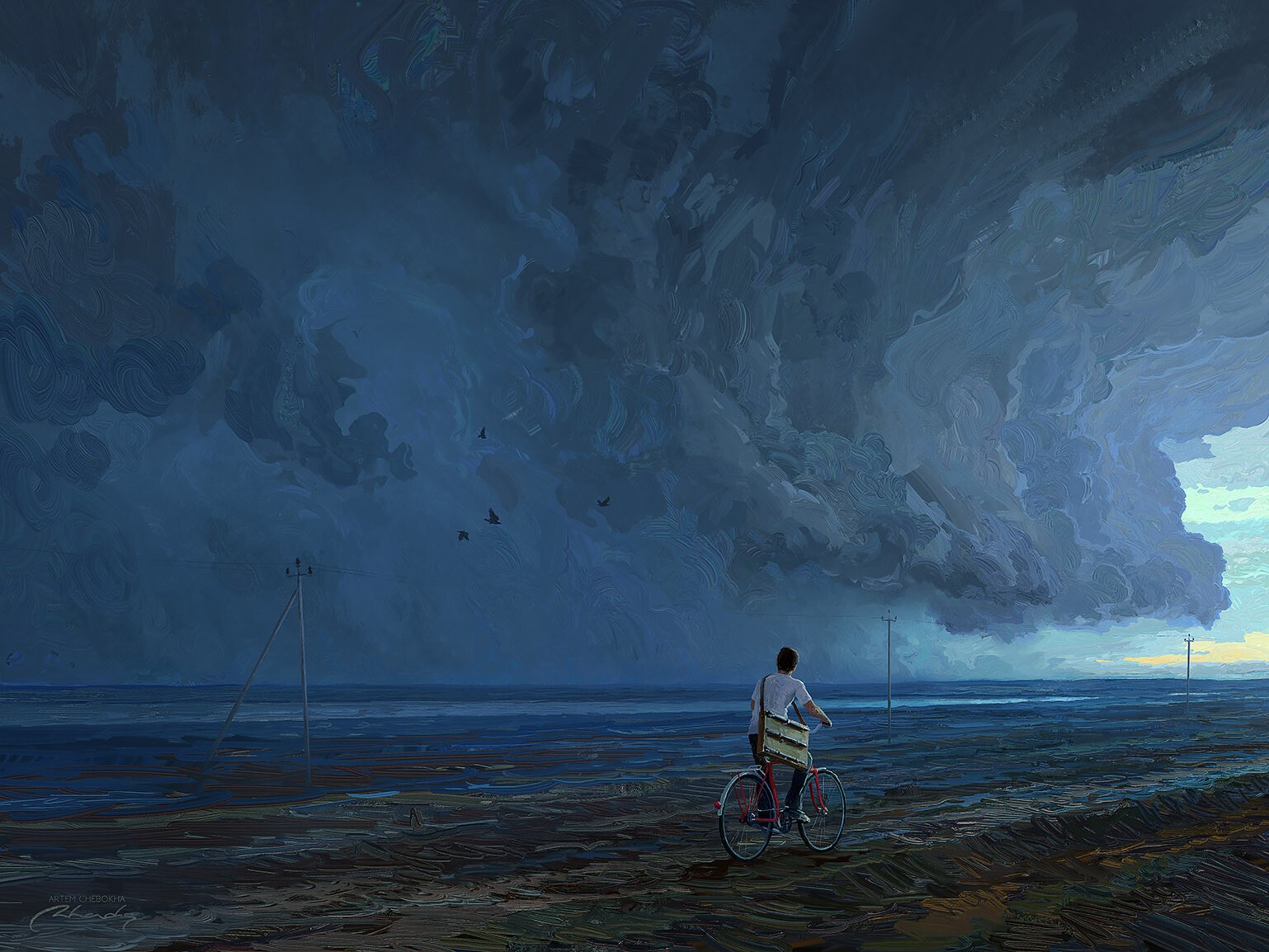 Man on bicycle facing storm clouds by Artem Chebokha HD Wallpaper