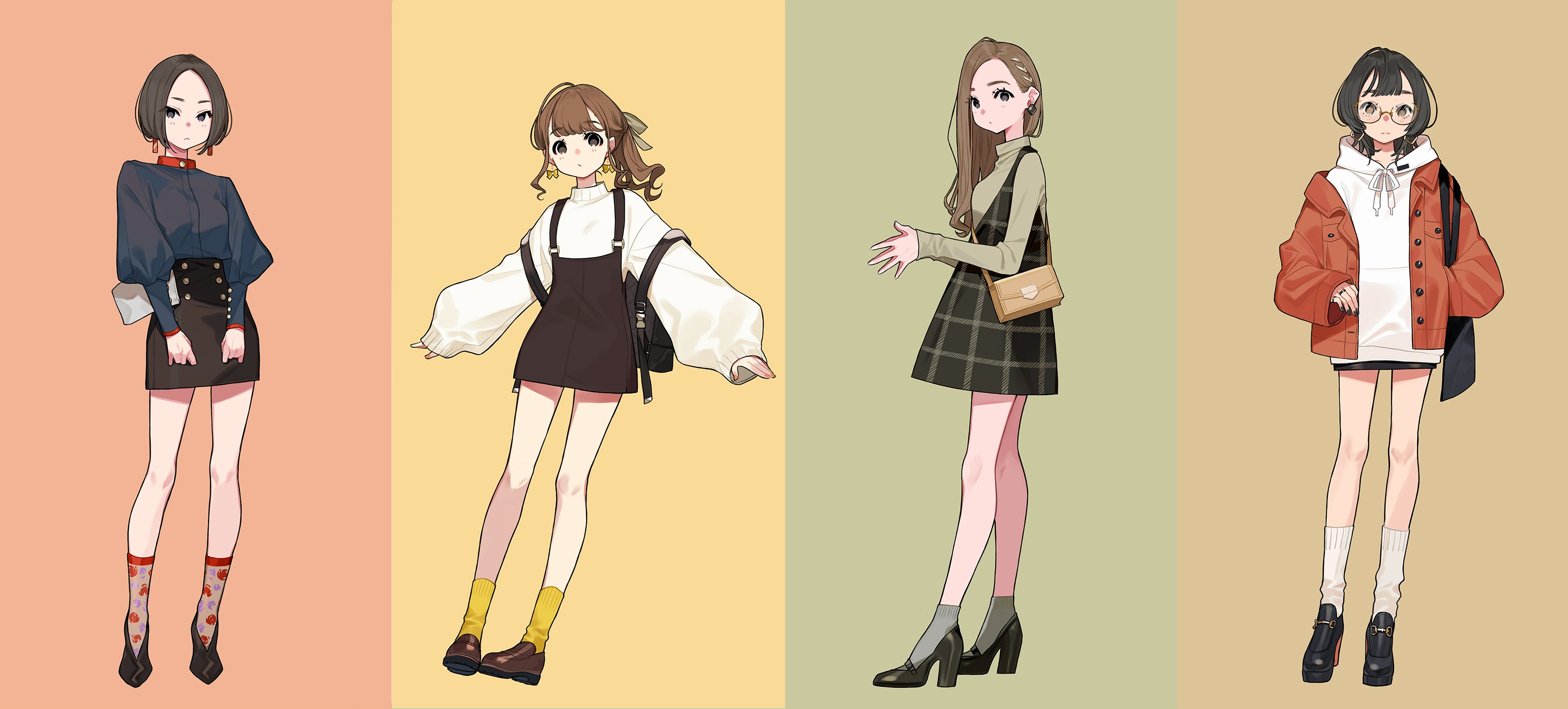 Four anime girls in fashionable outfits HD Wallpaper
