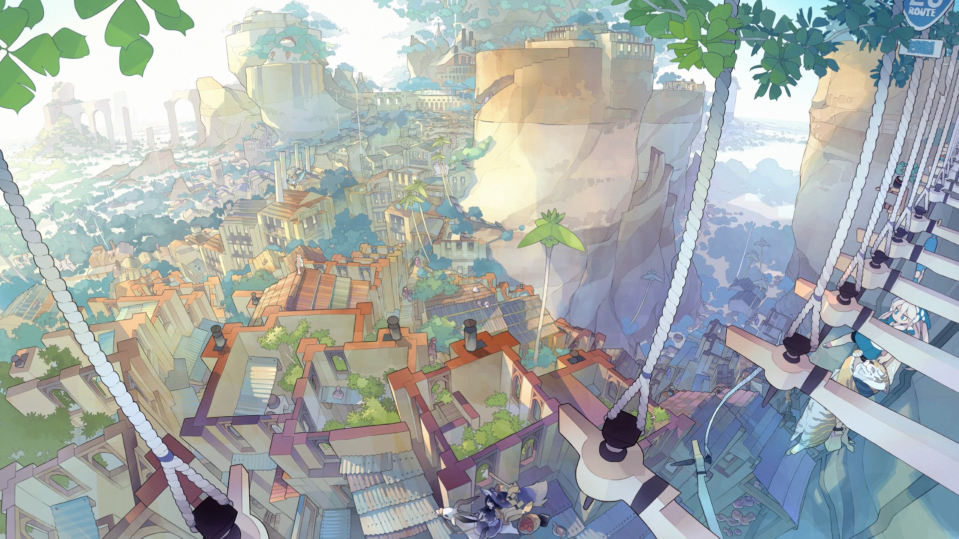 Anime fantasy art of a city on cliffs with rope bridges HD Wallpaper