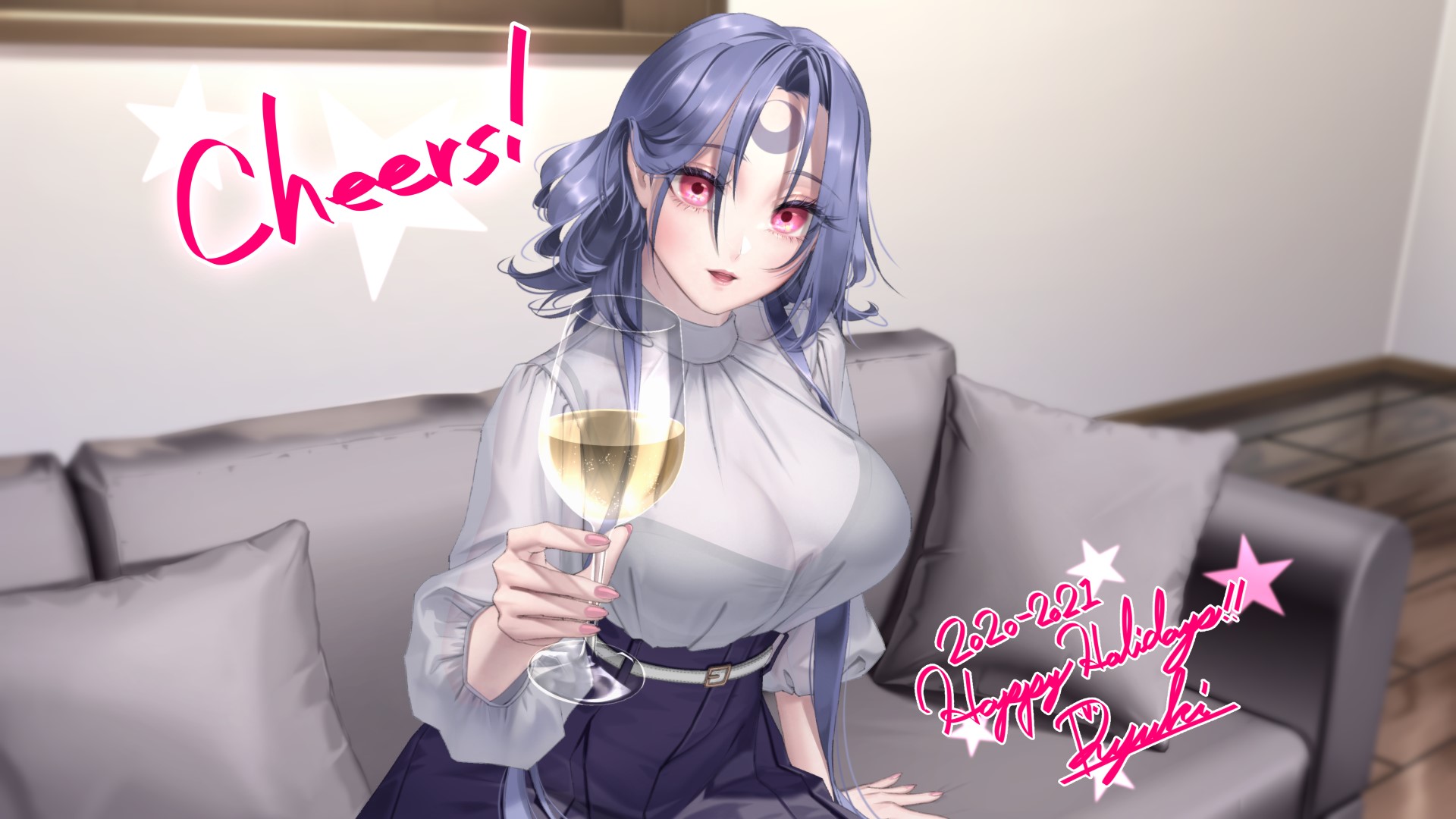 Ryuki holding a glass of wine with 'Cheers!' and 'Happy Holidays' text HD Wallpaper