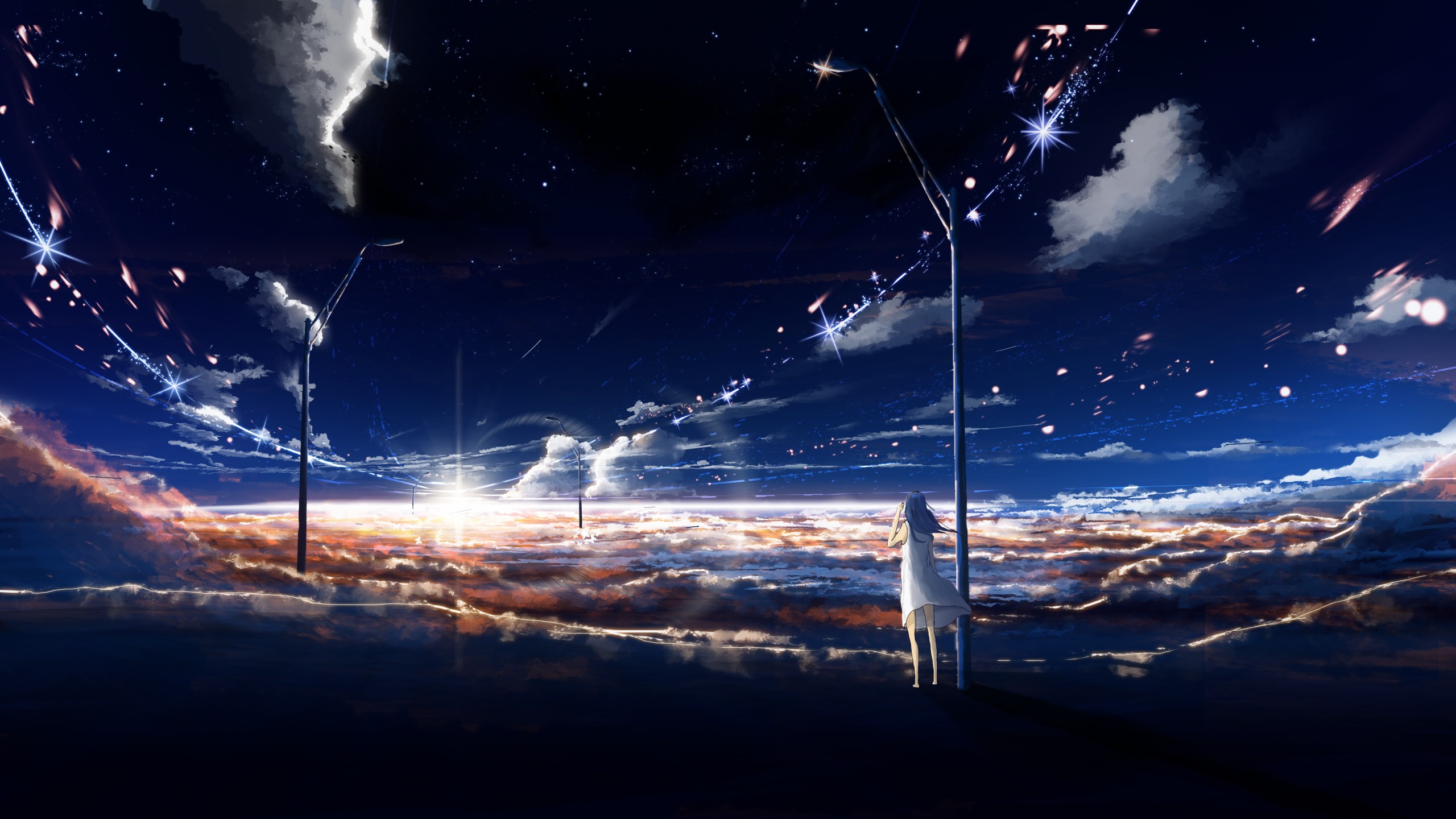 Anime girl watching a starry sunrise over clouds HD Wallpaper