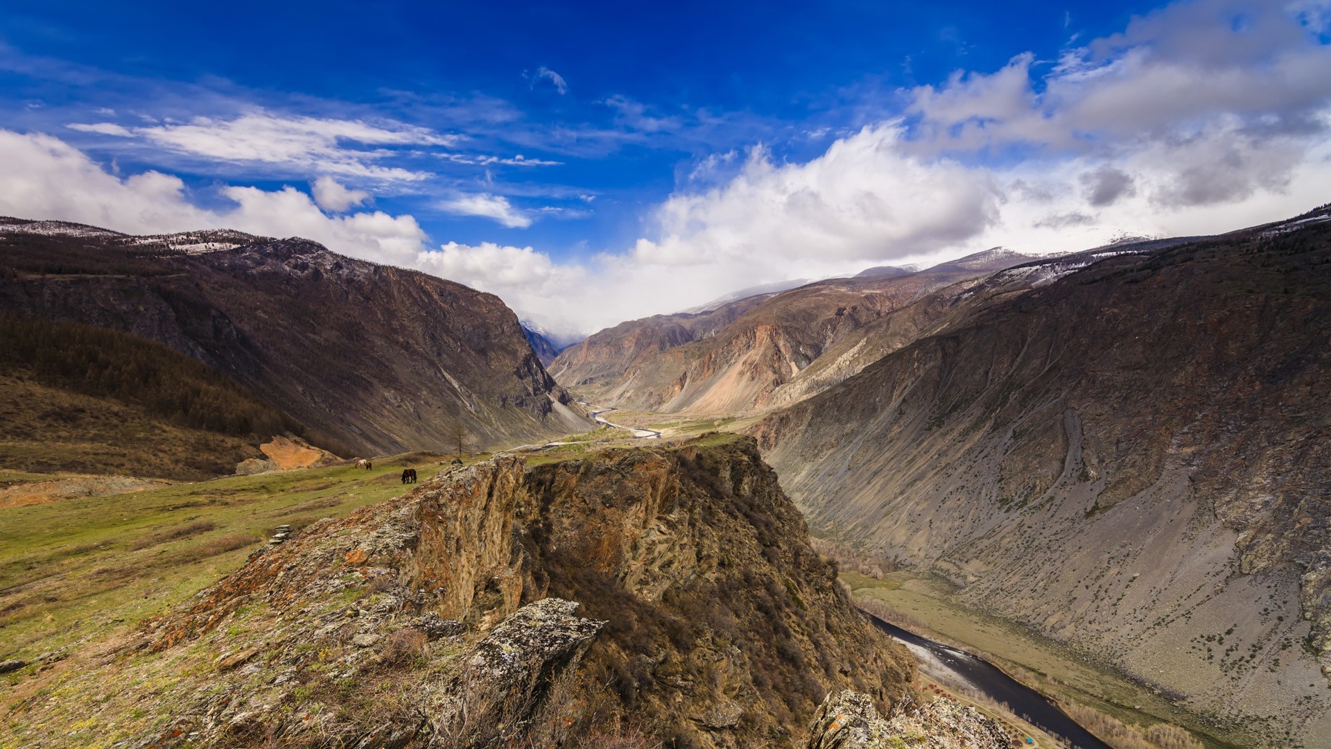 Mountain valley with river and clouds HD Wallpaper
