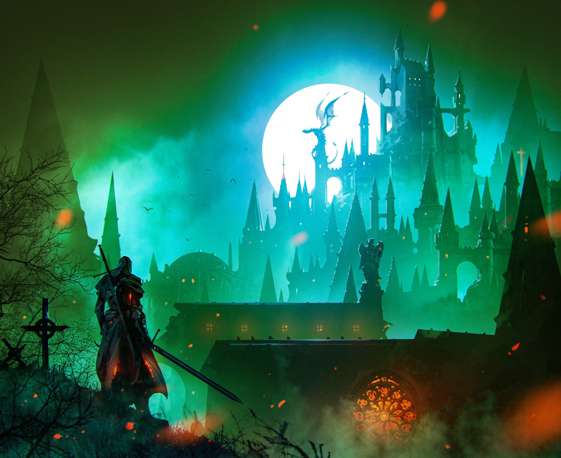 Fantasy knight before a dragon castle under a full moon HD Wallpaper