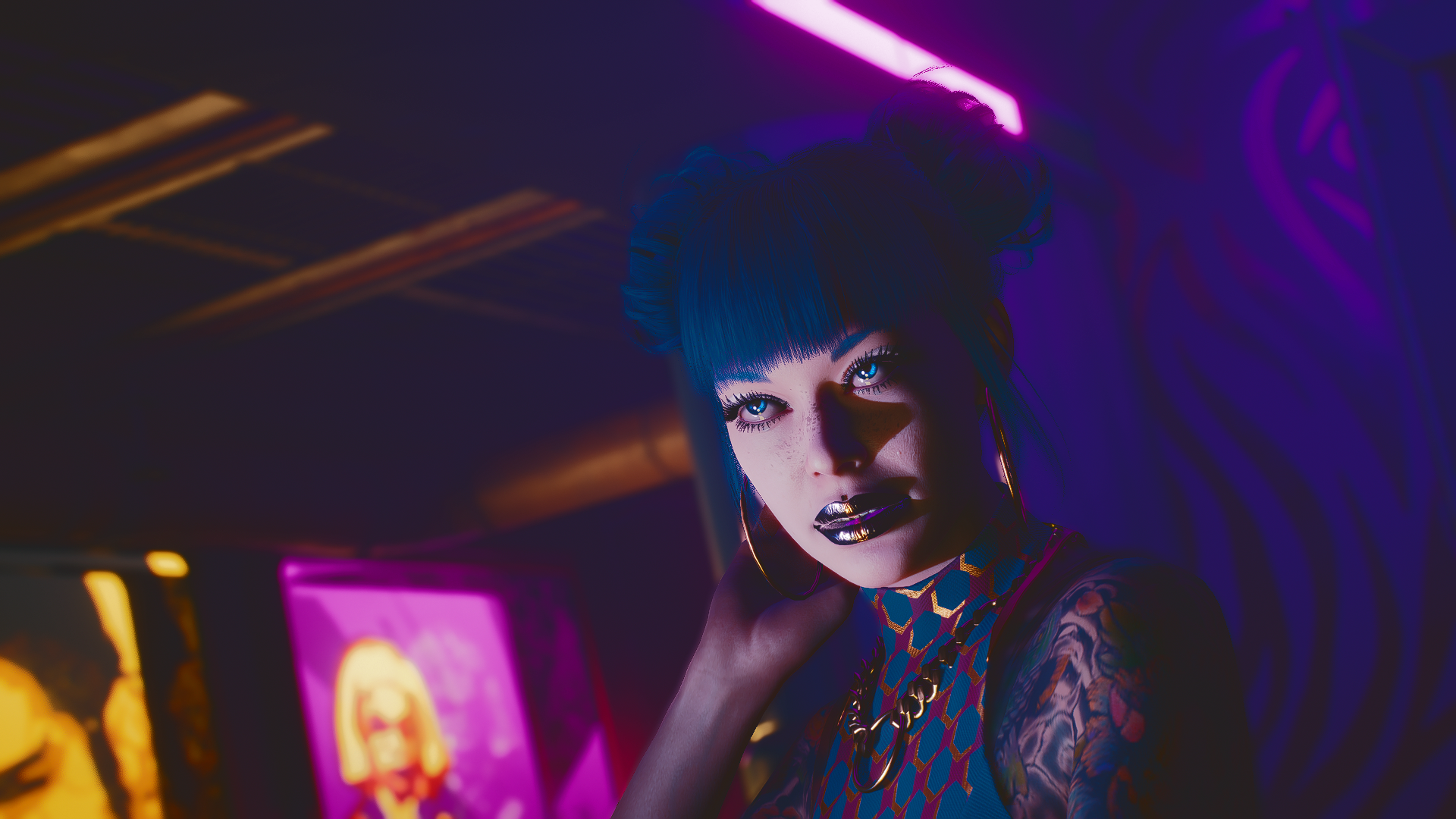 Woman with blue hair in Cyberpunk 2077 HD Wallpaper