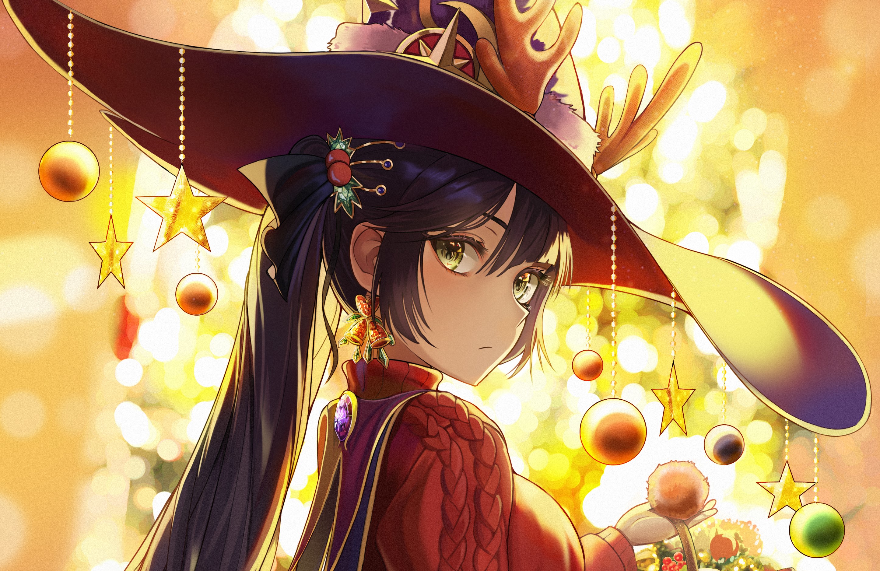 Mona from Genshin Impact in Christmas Witch Hat HD Wallpaper
