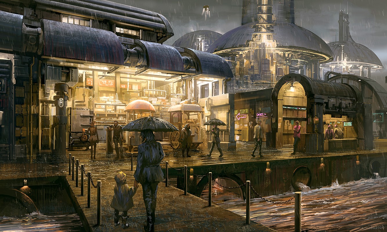 Cyberpunk city street with people in the rain HD Wallpaper