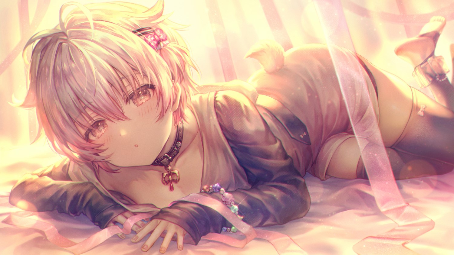 Anime boy with pink hair wearing collar and bracelet HD Wallpaper