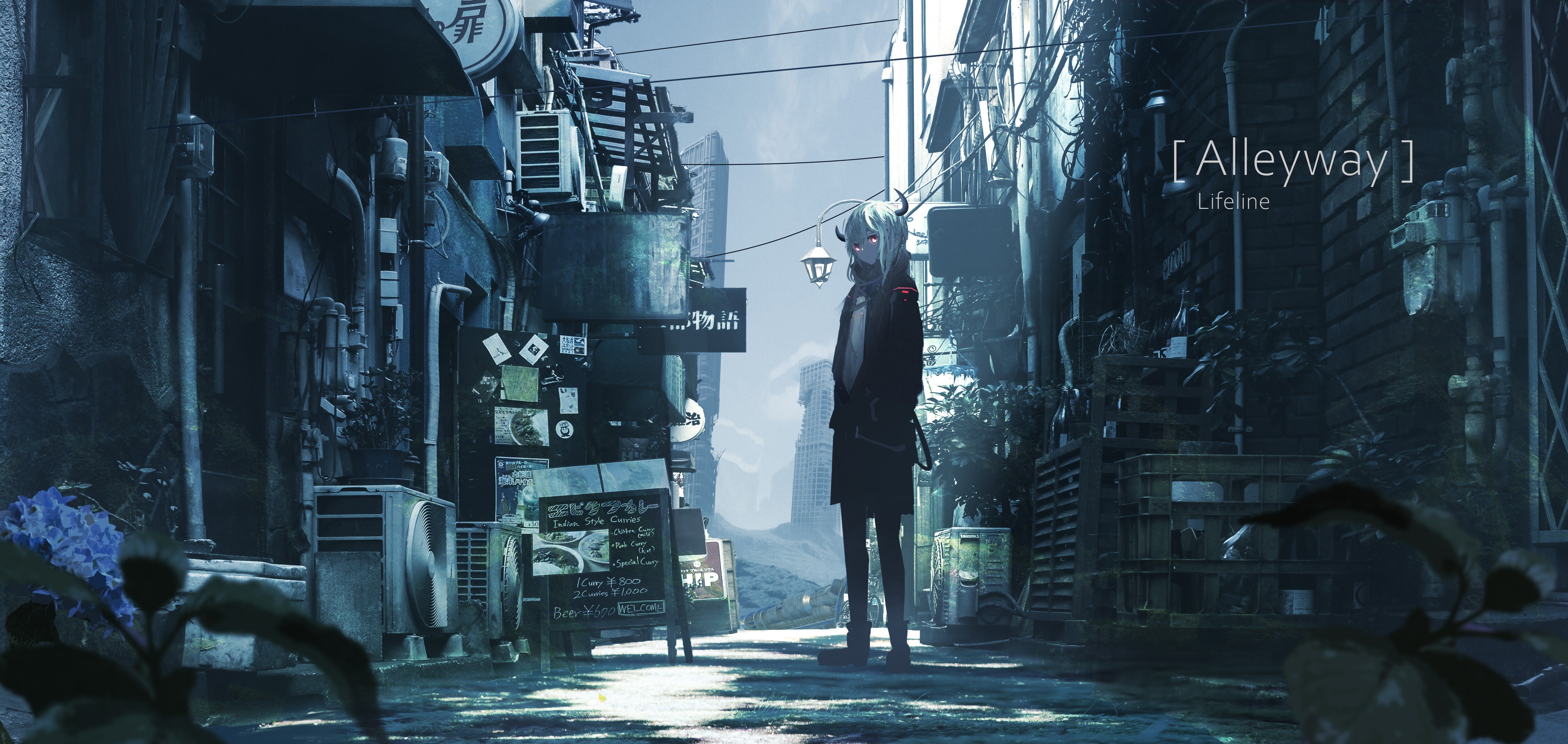 Anime girl with horns in an alleyway HD Wallpaper