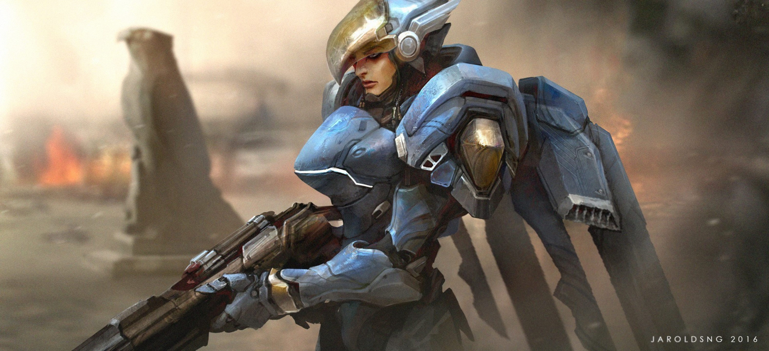 Pharah from Overwatch in a war-torn landscape HD Wallpaper