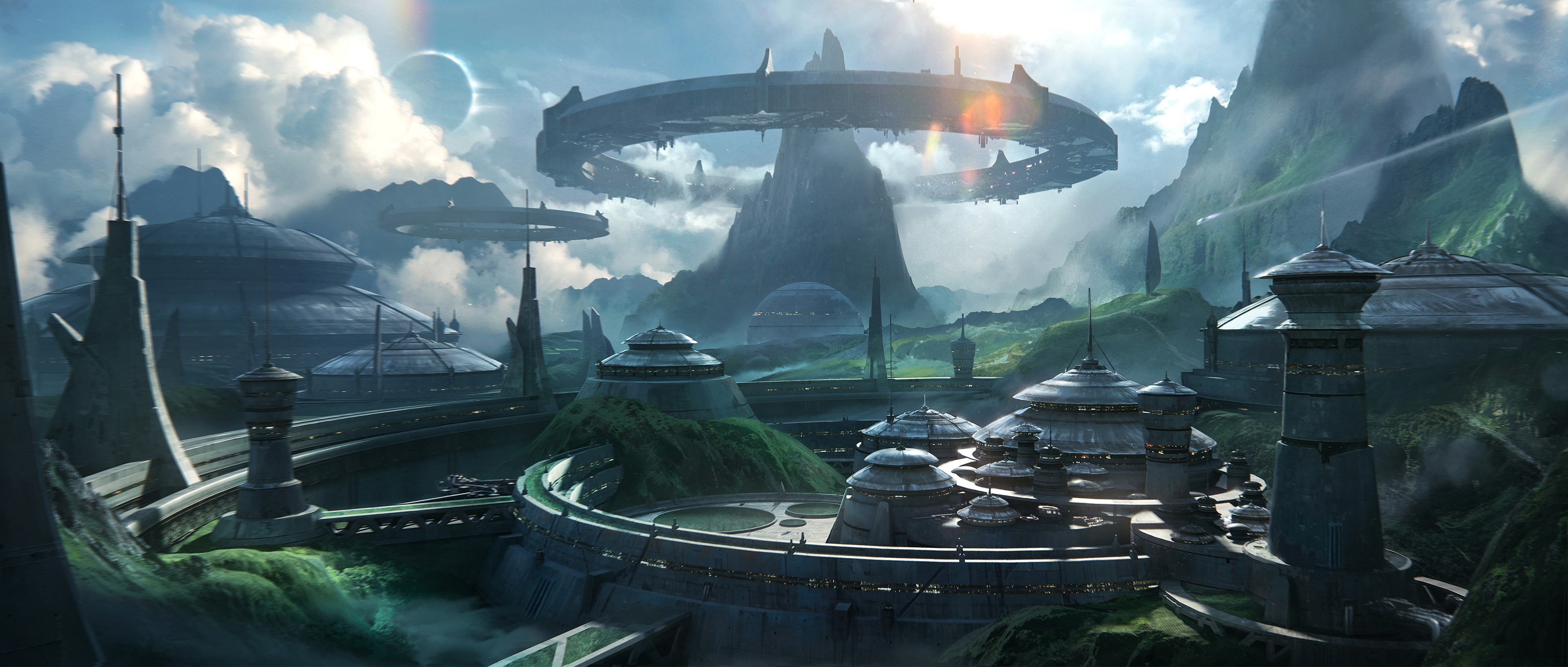 Futuristic Cityscape with Ring Structures and Mountains HD Wallpaper