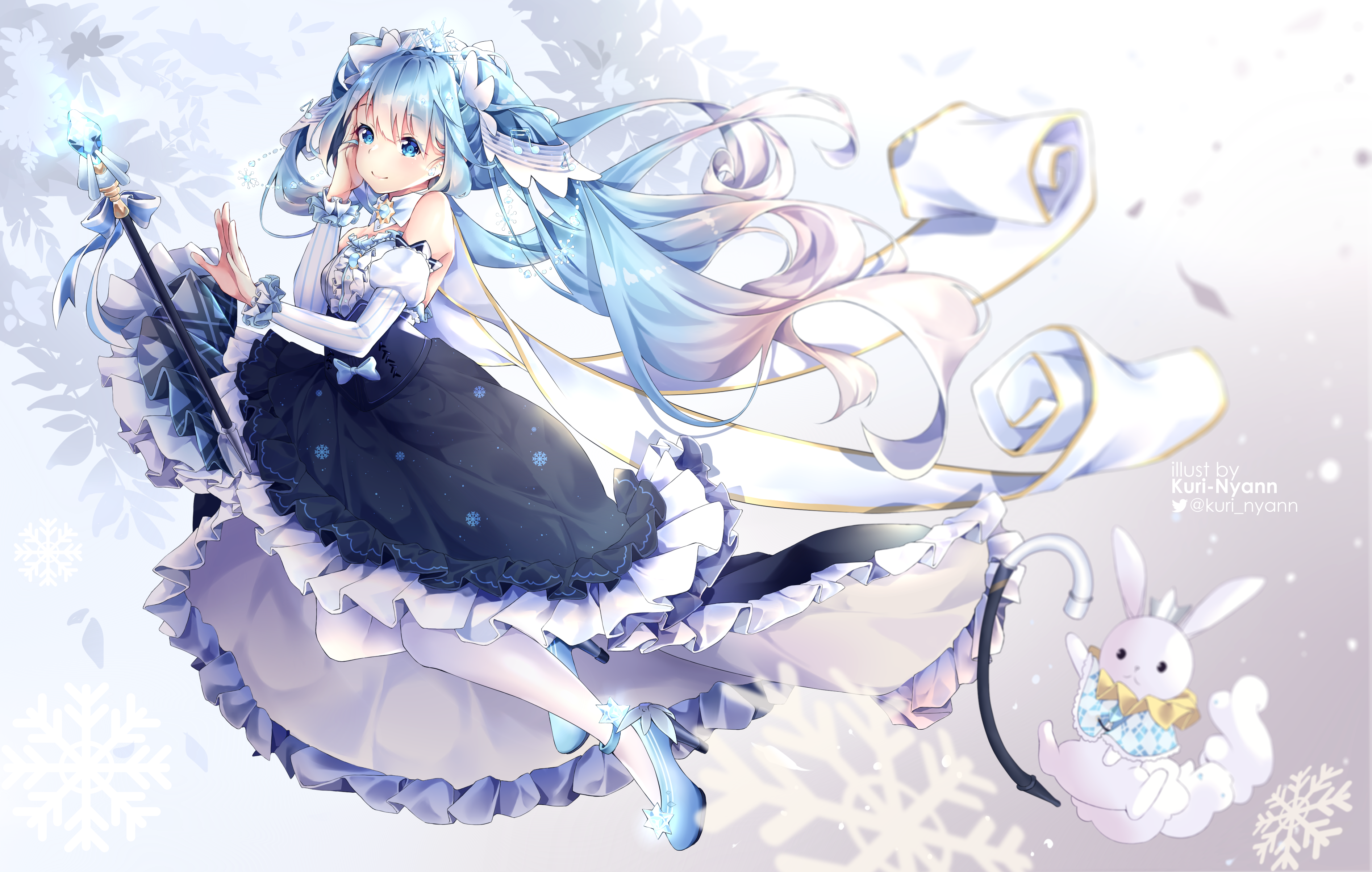 Hatsune Miku in a winter dress with a staff and bunny HD Wallpaper
