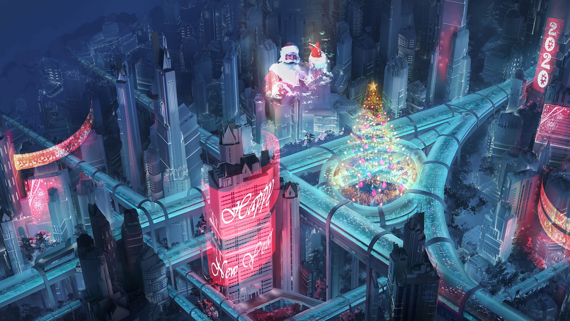 Futuristic city with Santa and Christmas tree HD Wallpaper