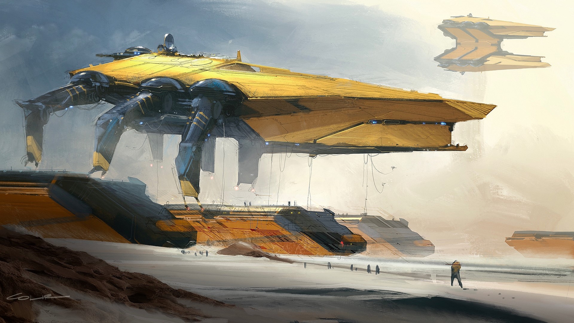 Giant yellow walker spaceship on a sandy planet HD Wallpaper