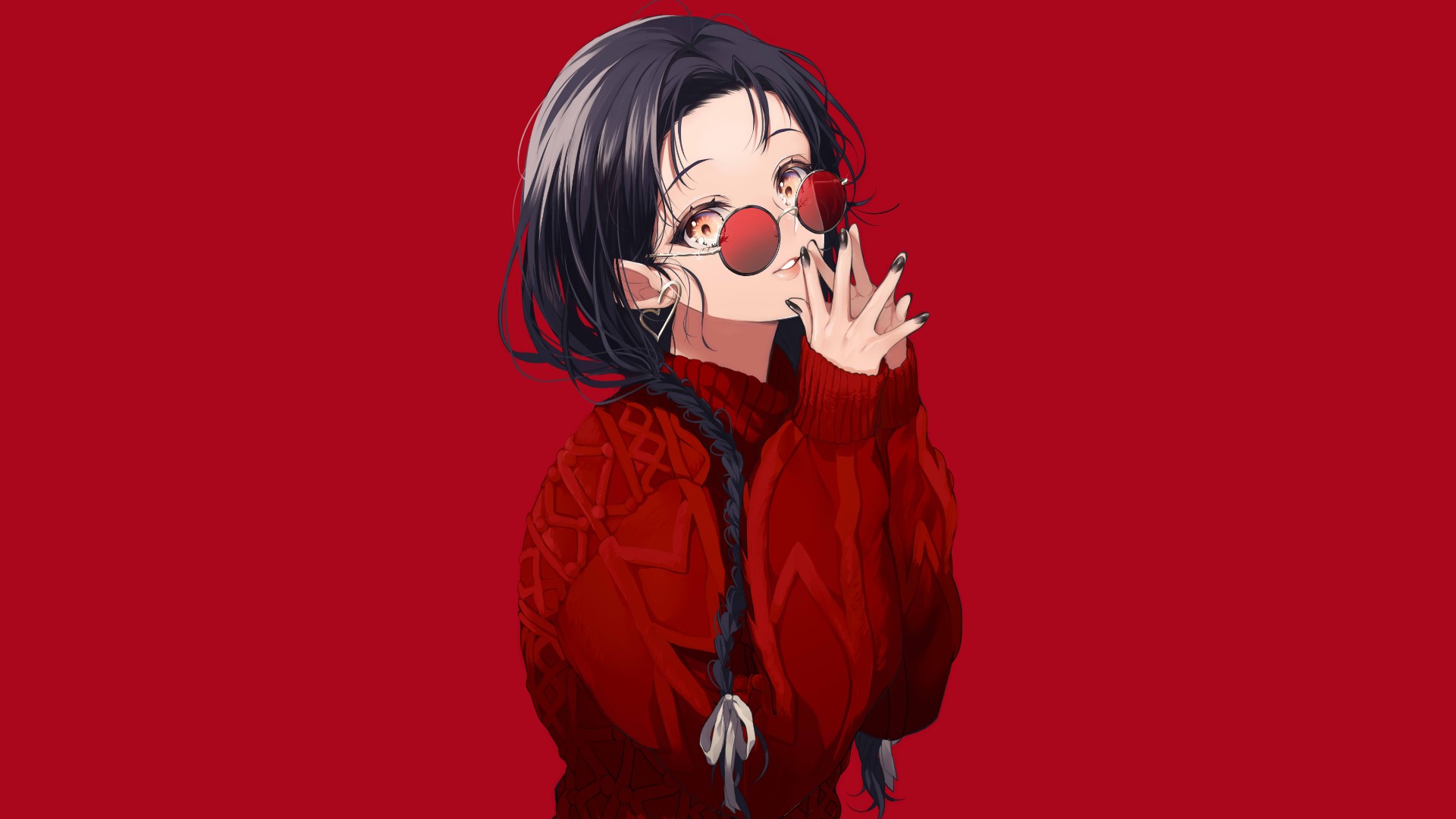 Anime girl with black hair and red sweater HD Wallpaper