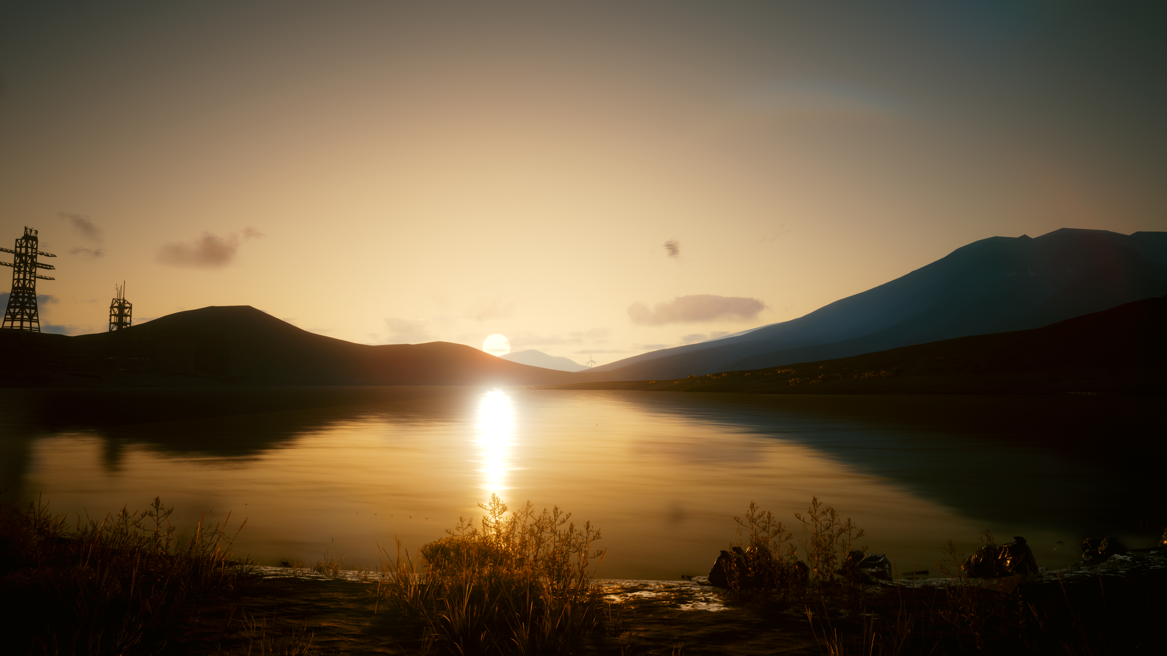 Cyberpunk 2077 landscape with sunset over lake HD Wallpaper