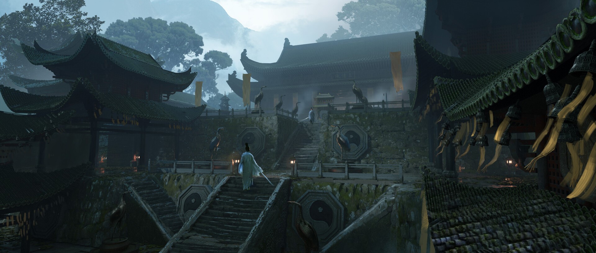 Person in traditional Chinese attire walking up stairs at a temple HD Wallpaper