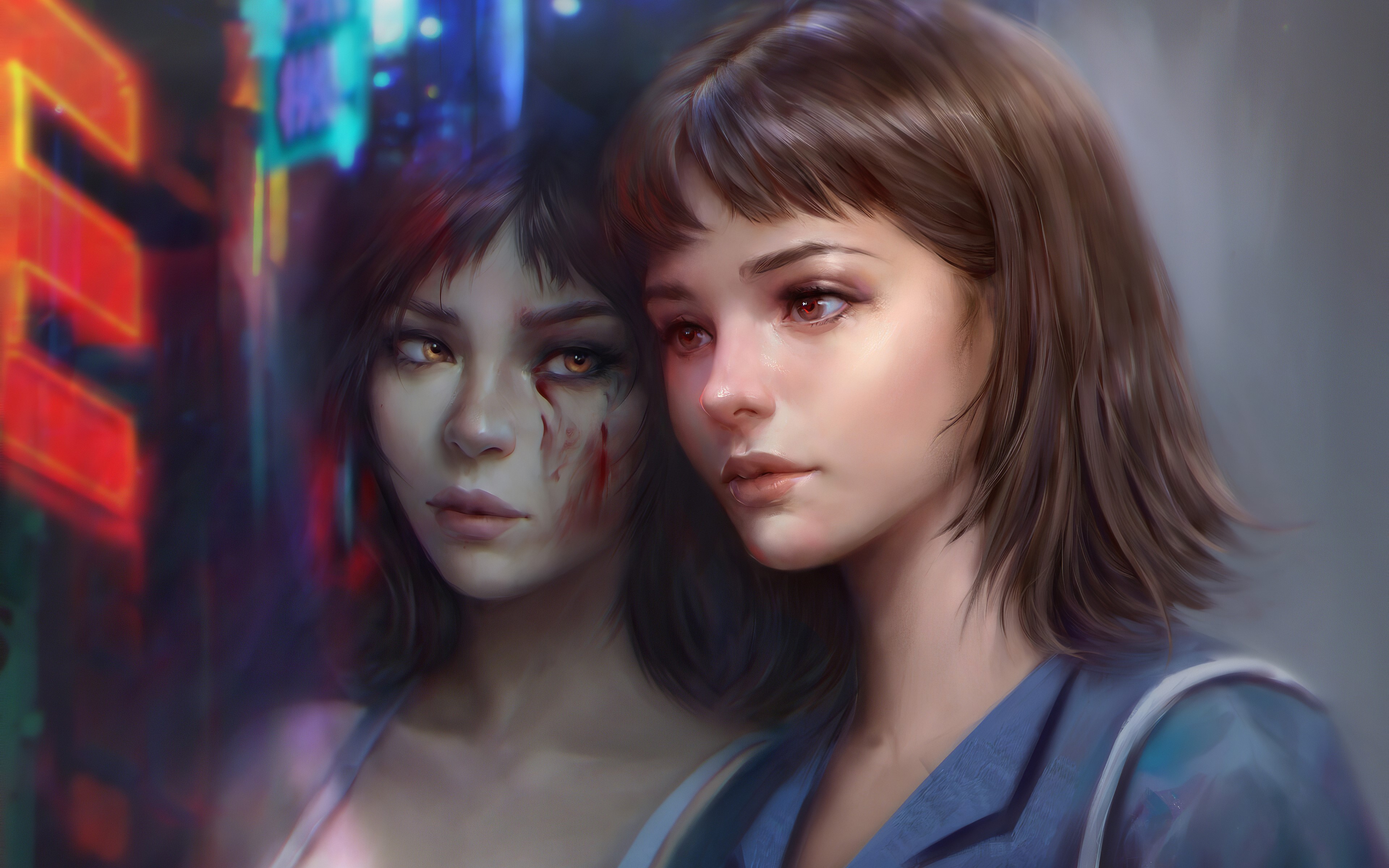 Girl with bloody reflection in city lights HD Wallpaper