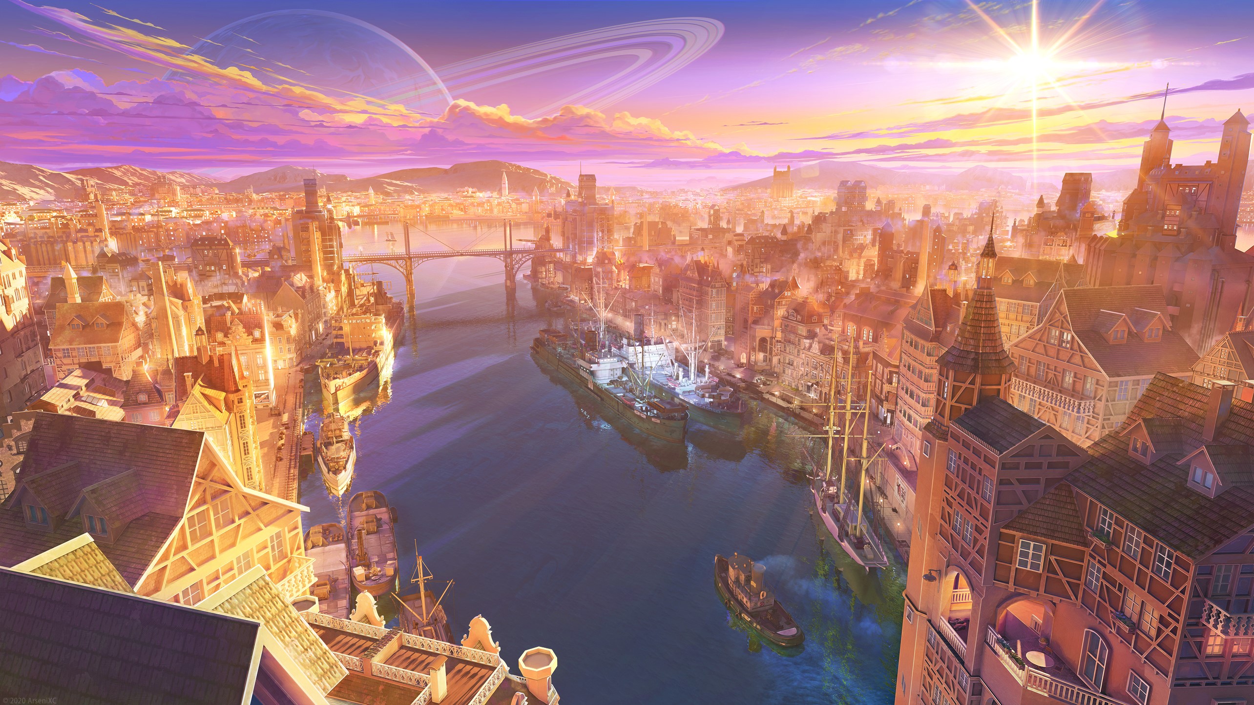 Digital art of a cityscape with a river at sunrise HD Wallpaper