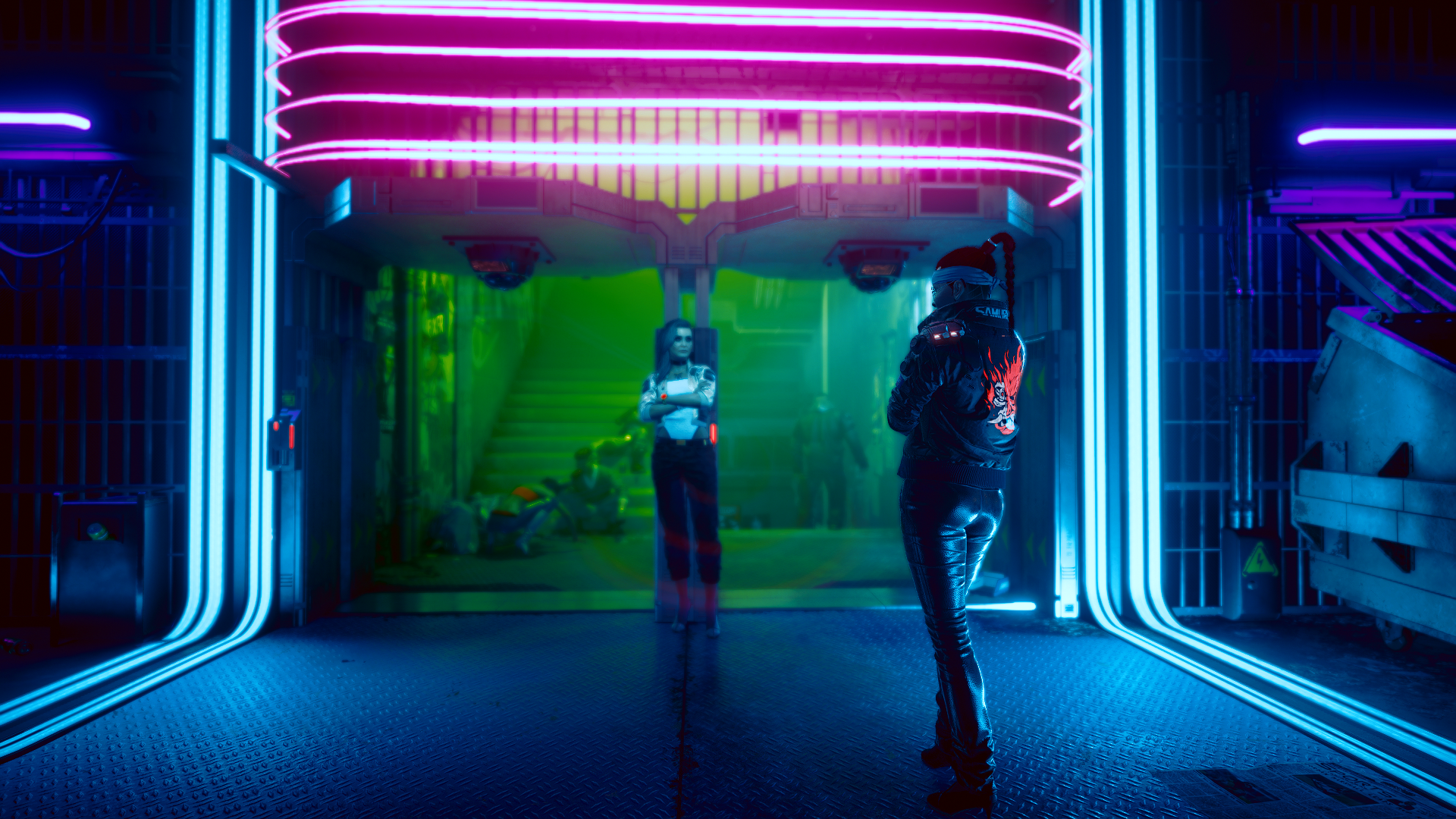 Female V from Cyberpunk 2077 in a neon-lit corridor HD Wallpaper