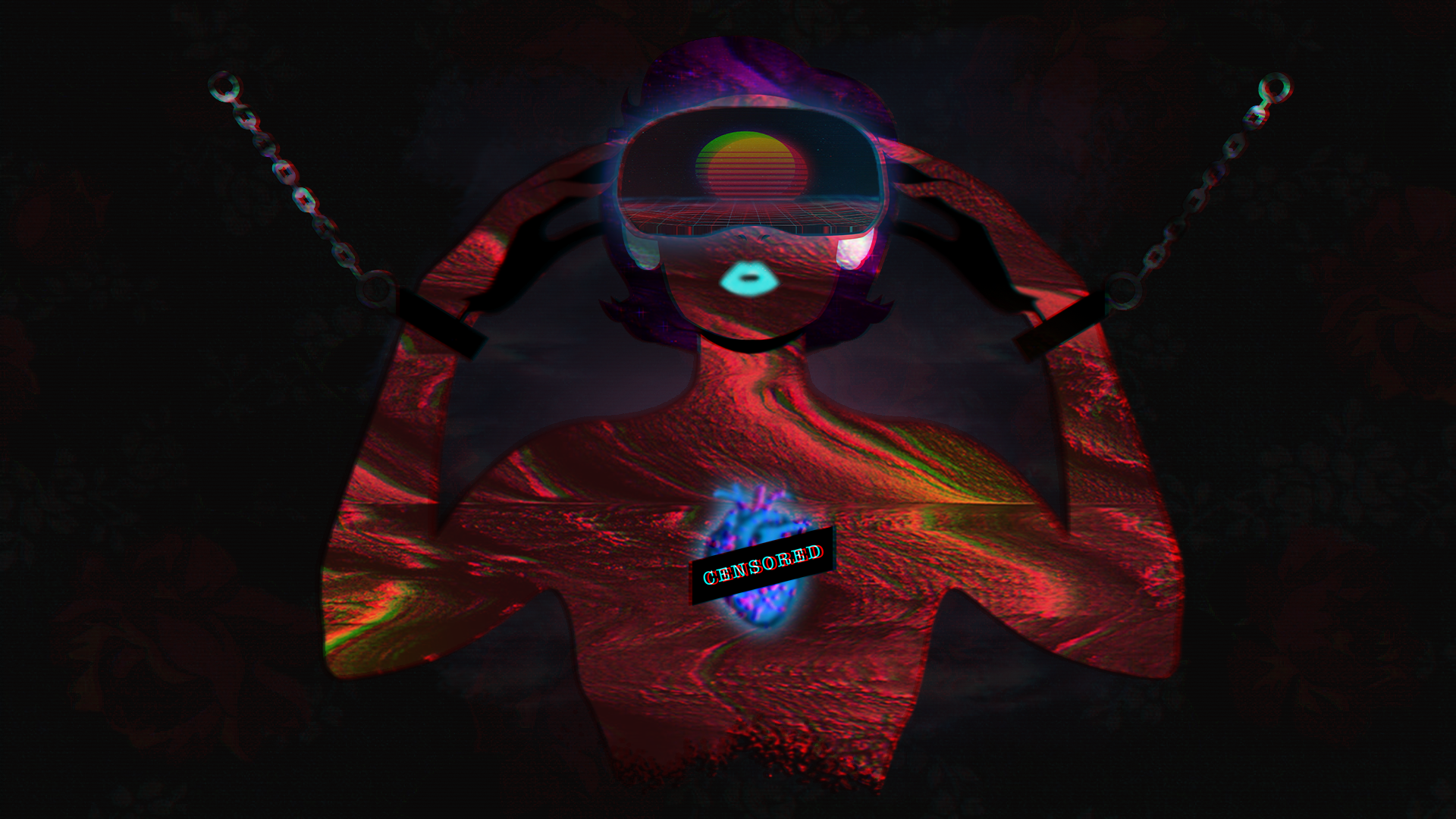 Woman in VR headset with censored heart and chains HD Wallpaper