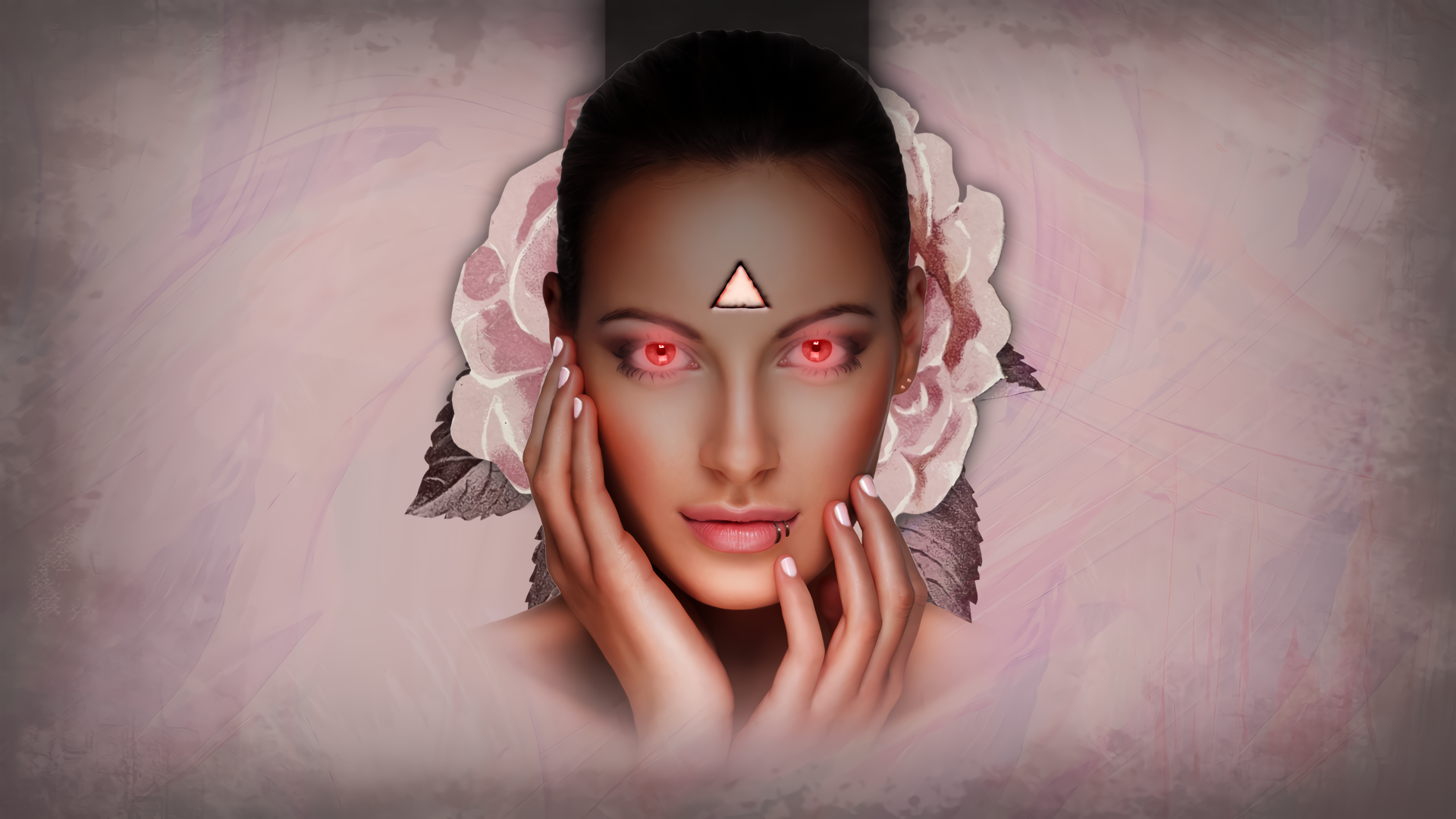 Woman with glowing red eyes and a triangle on her forehead HD Wallpaper