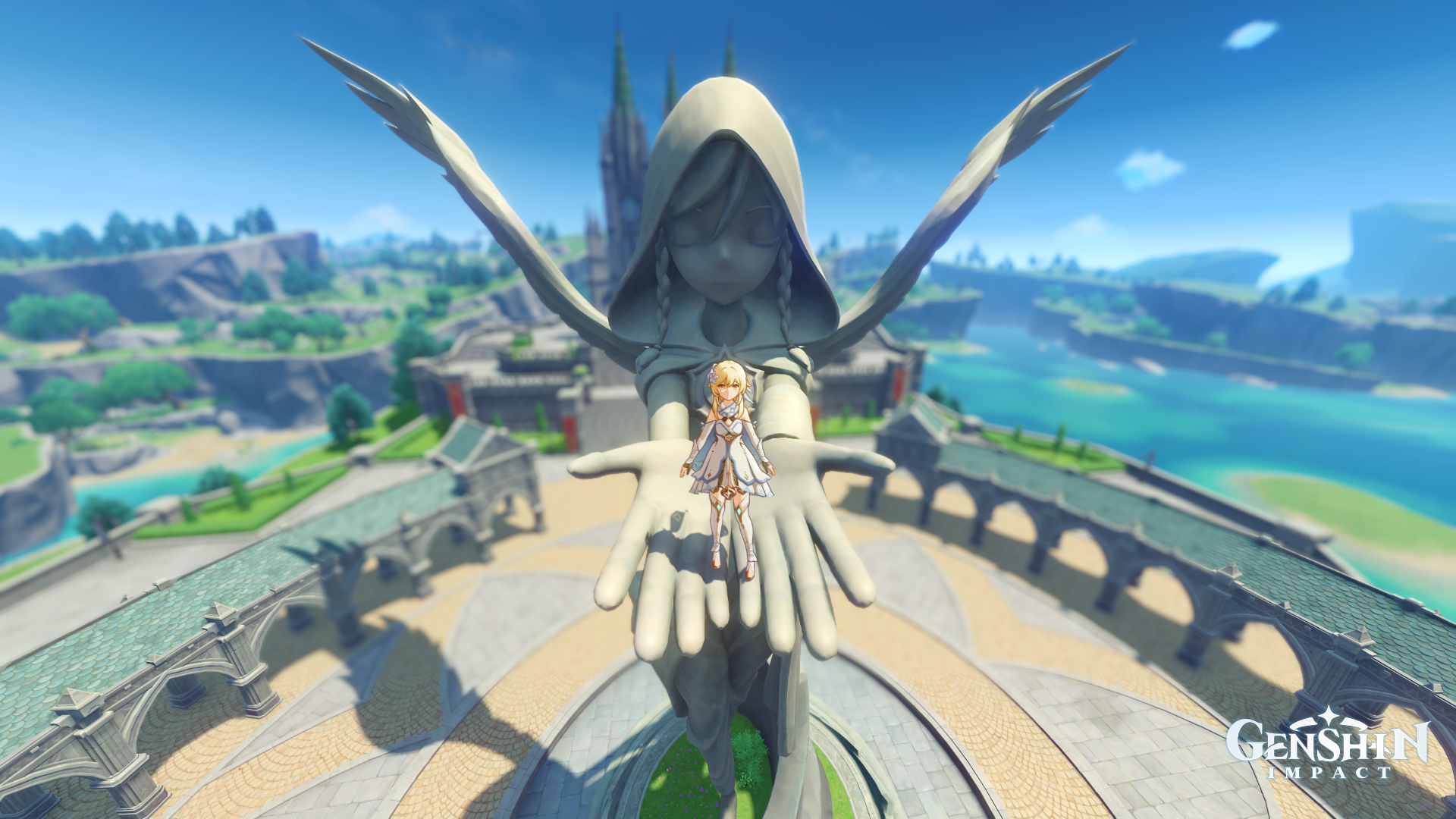 Lumine from Genshin Impact on a statue's hands HD Wallpaper
