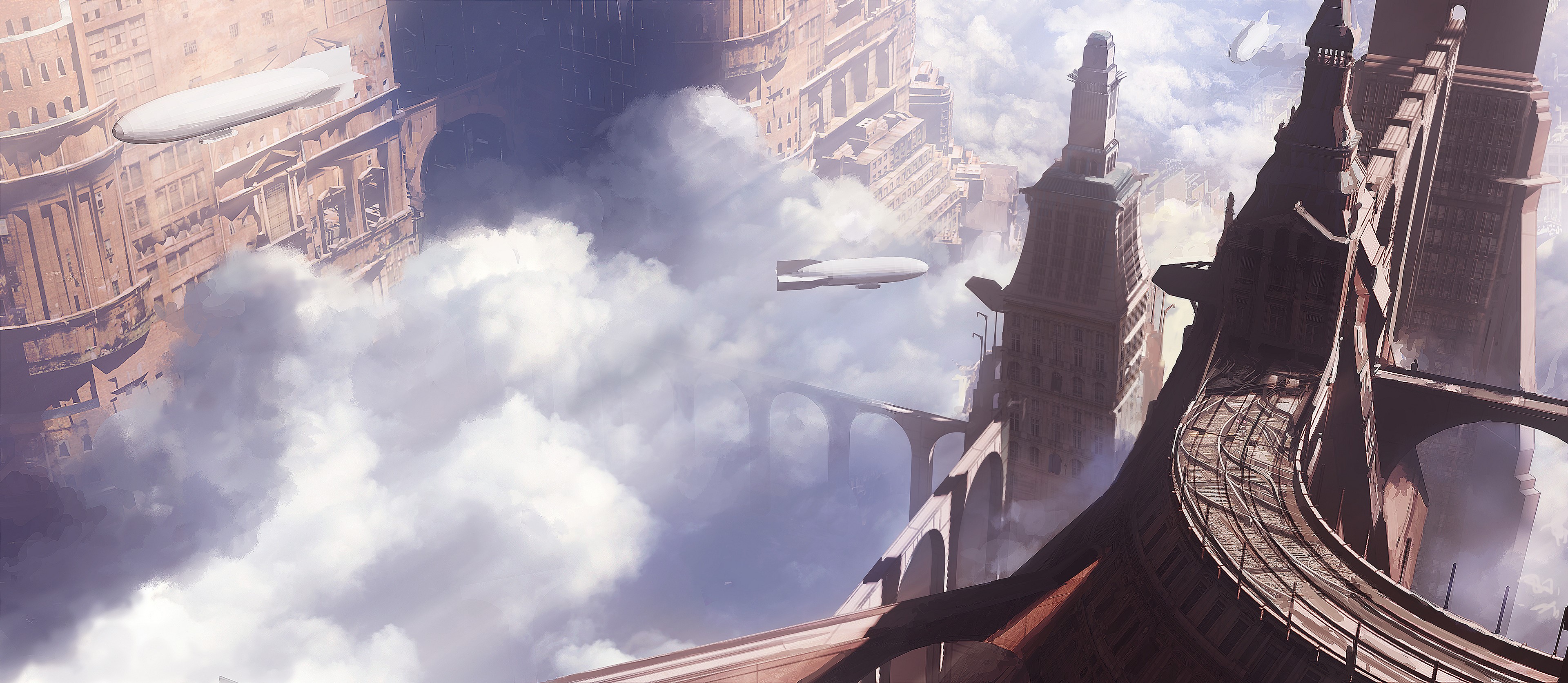 Steampunk city in the clouds with zeppelins HD Wallpaper