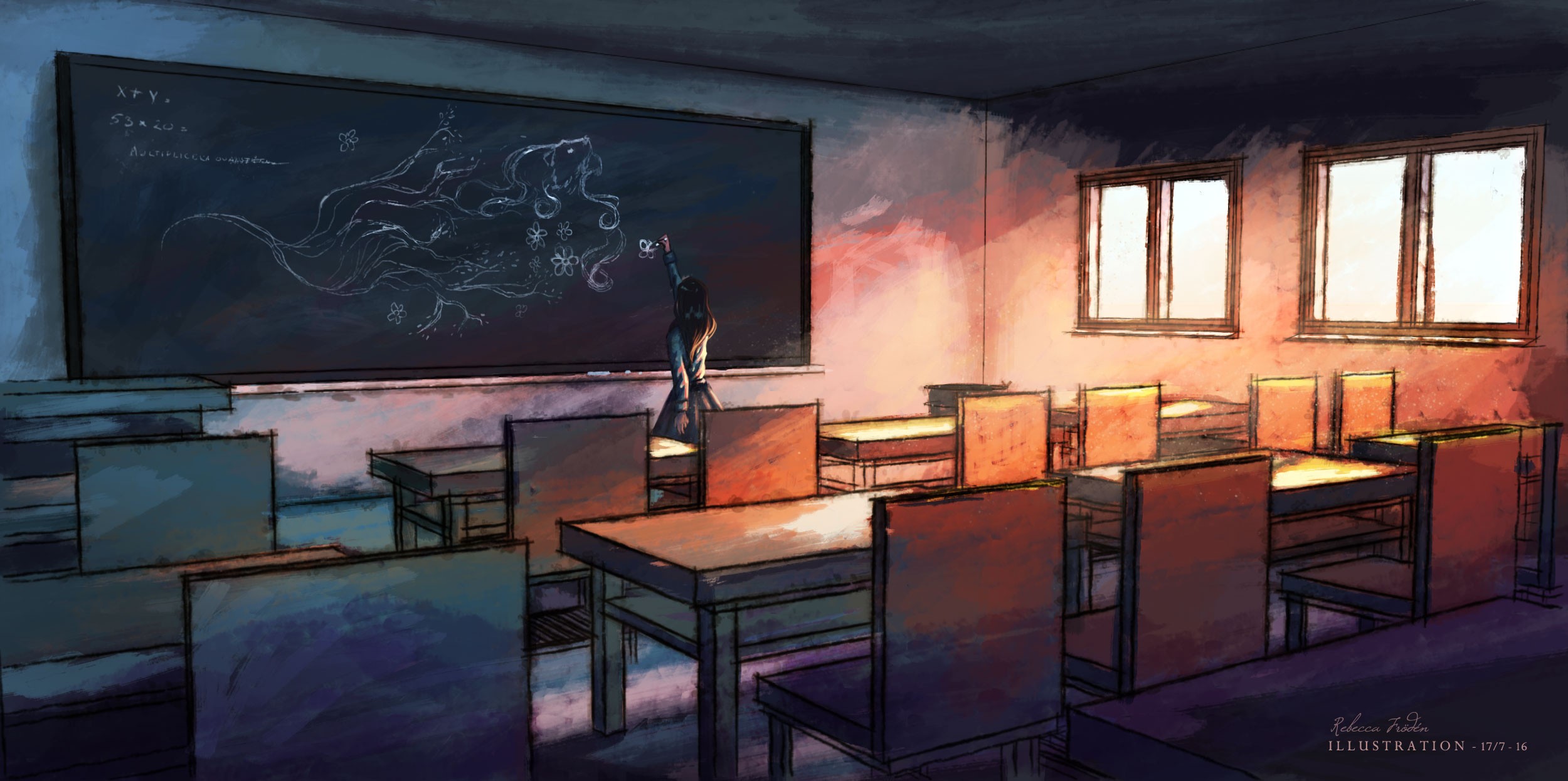 Girl drawing on a chalkboard in a classroom HD Wallpaper