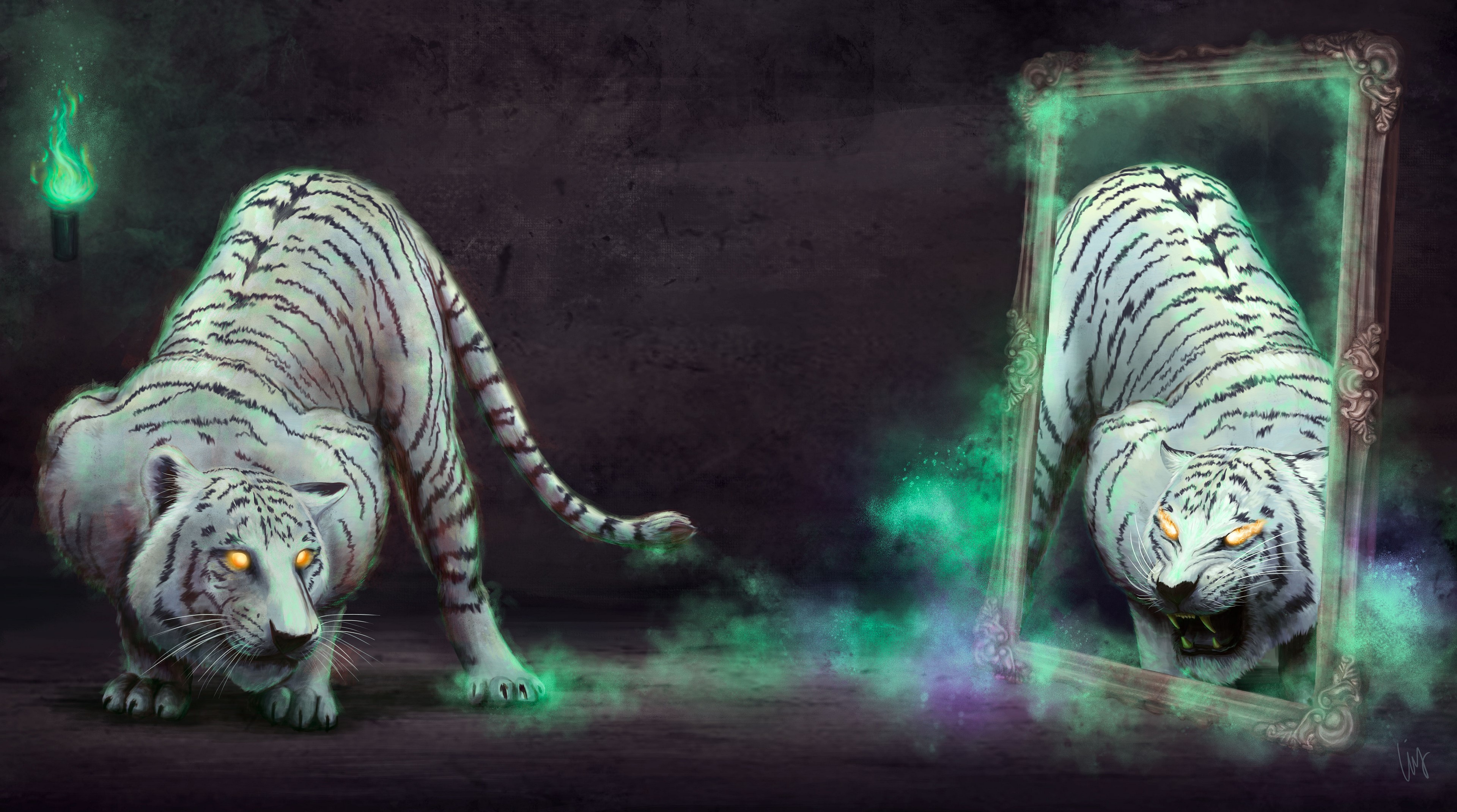 White Tiger and its Reflection in a Mirror HD Wallpaper