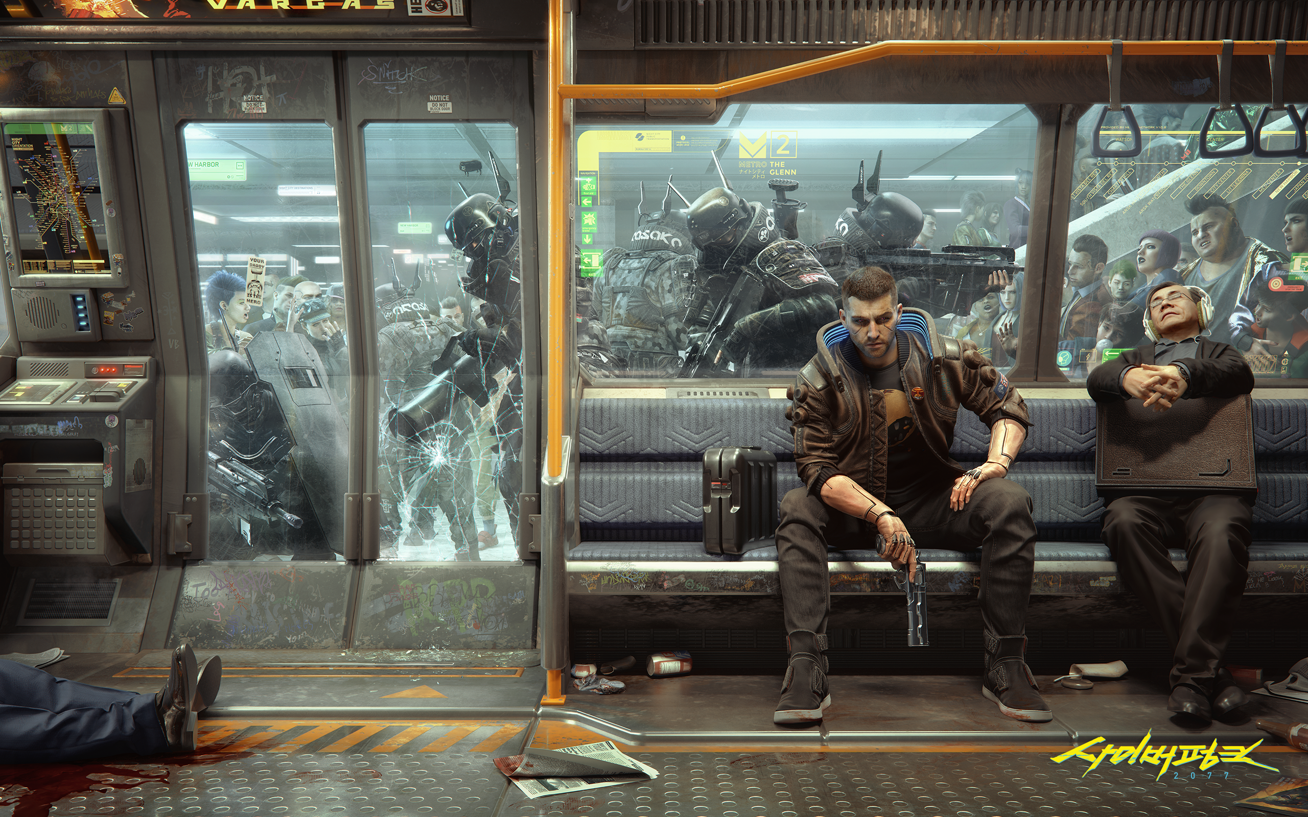 Cyberpunk 2077 characters on a subway train HD Wallpaper