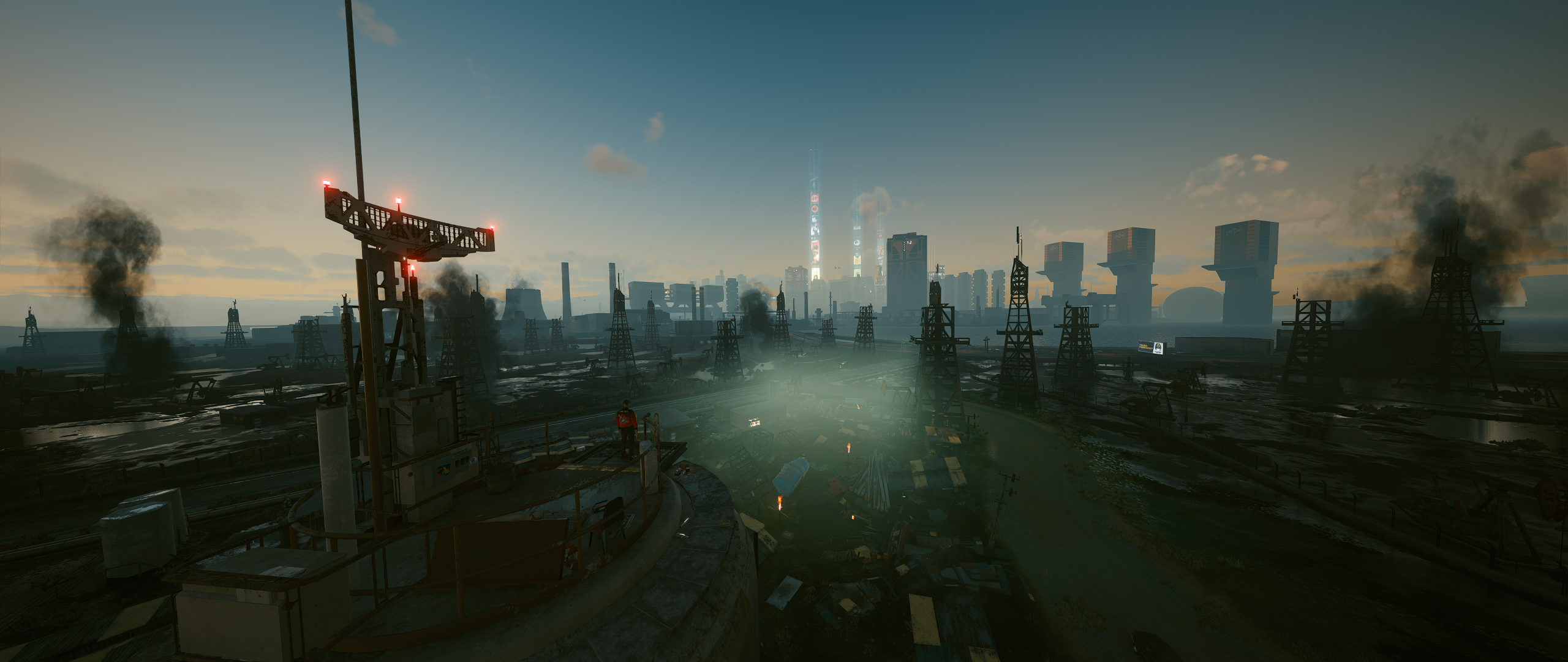 Cyberpunk 2077 industrial cityscape at dusk HD Wallpaper