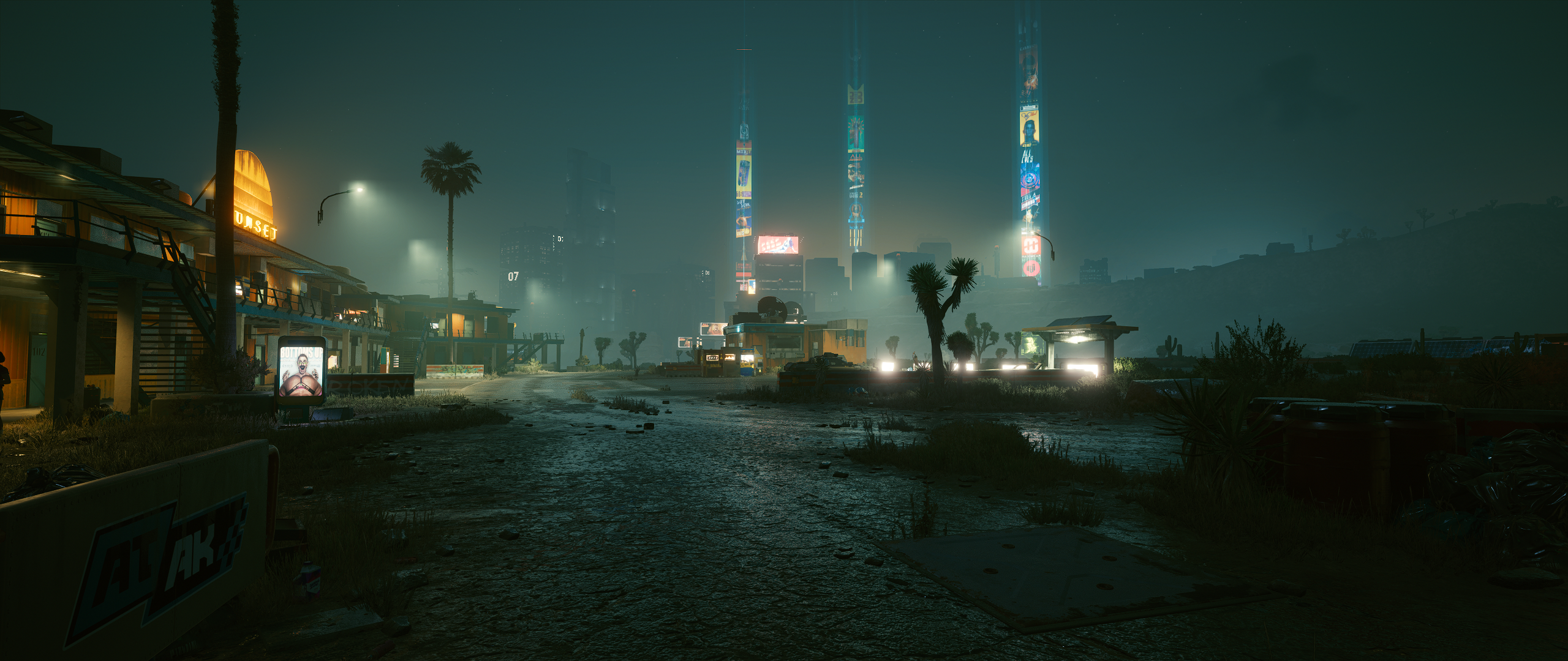 Cyberpunk 2077 screenshot of a motel and cityscape HD Wallpaper