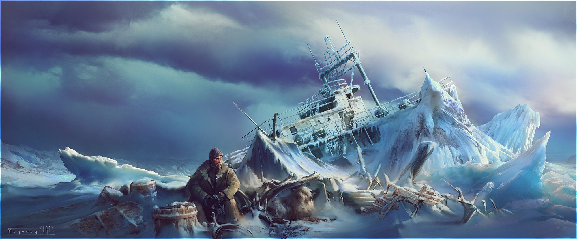 Artwork of a man and dog with a shipwreck in the Arctic HD Wallpaper