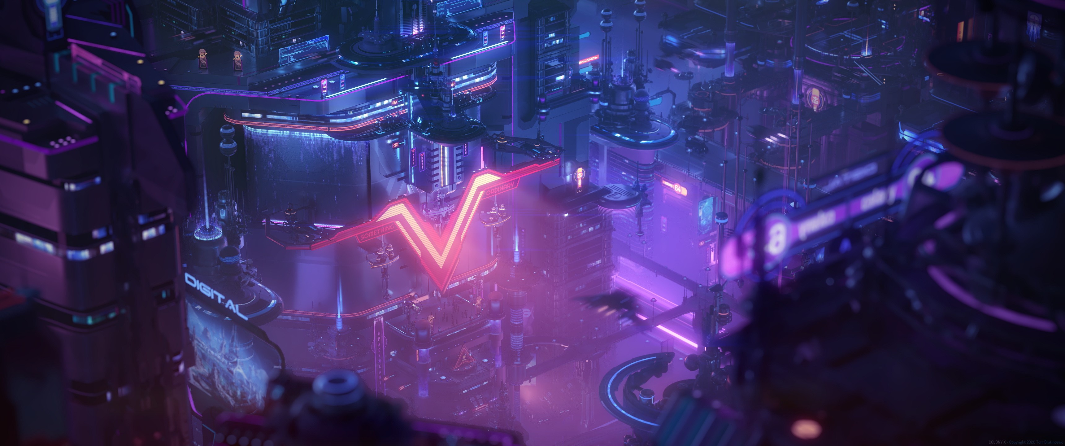 Futuristic neon city with a large V logo HD Wallpaper