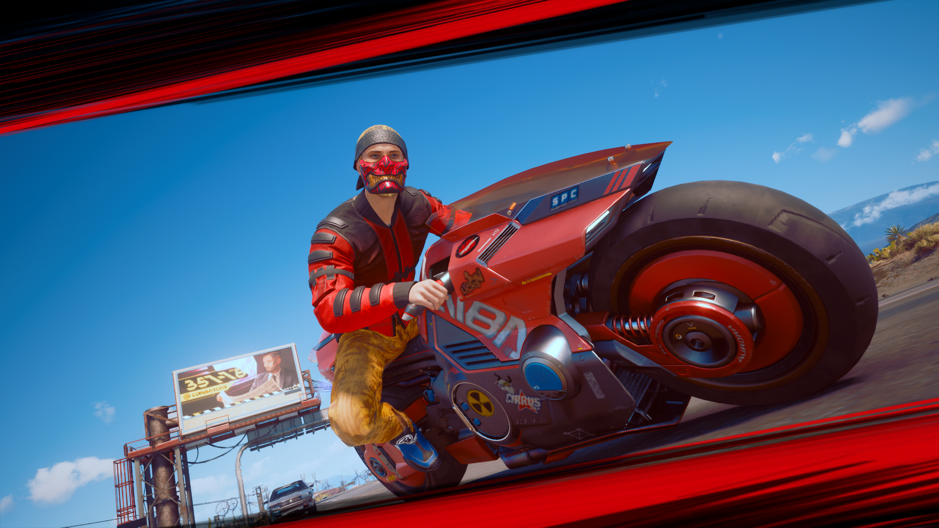 Man in mask riding a red motorcycle in Cyberpunk 2077 HD Wallpaper